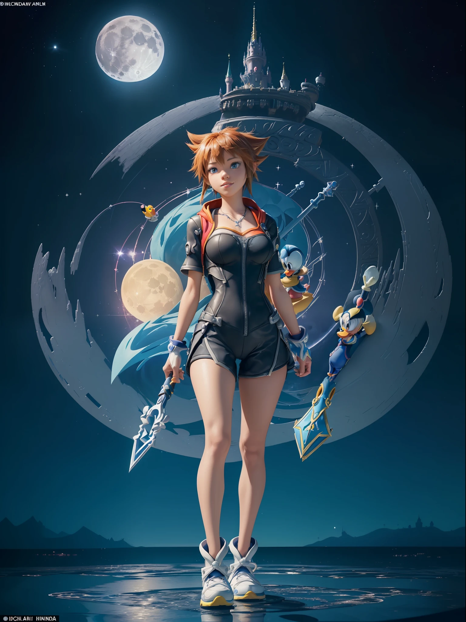 (Full body photo:1.7), (Kingdom Hearts 3, One/Woman/as Sora protagonist of Kingdom Hearts next to :1.5), (Big breasts:1.7), (Wearing the full outfit of Sora from Kingdom Hearts/holding a key-shaped sword:1.3), (Looking at the viewer/smiling:1.3), (She's next to Donald Duck and Goofy:1.7), (She's in a magical/night/full moon city in the sky:1.7), (She has Sora's hair from kingdom hearts: 1.5), (blue eyes: 1.5), (extremely tight body suit: 1.7), (doing sexy standing poses: 1.2), (Kingdom Hearts, award-winning, UHD, anime, high detail, 16k, high quality, masterpiece)