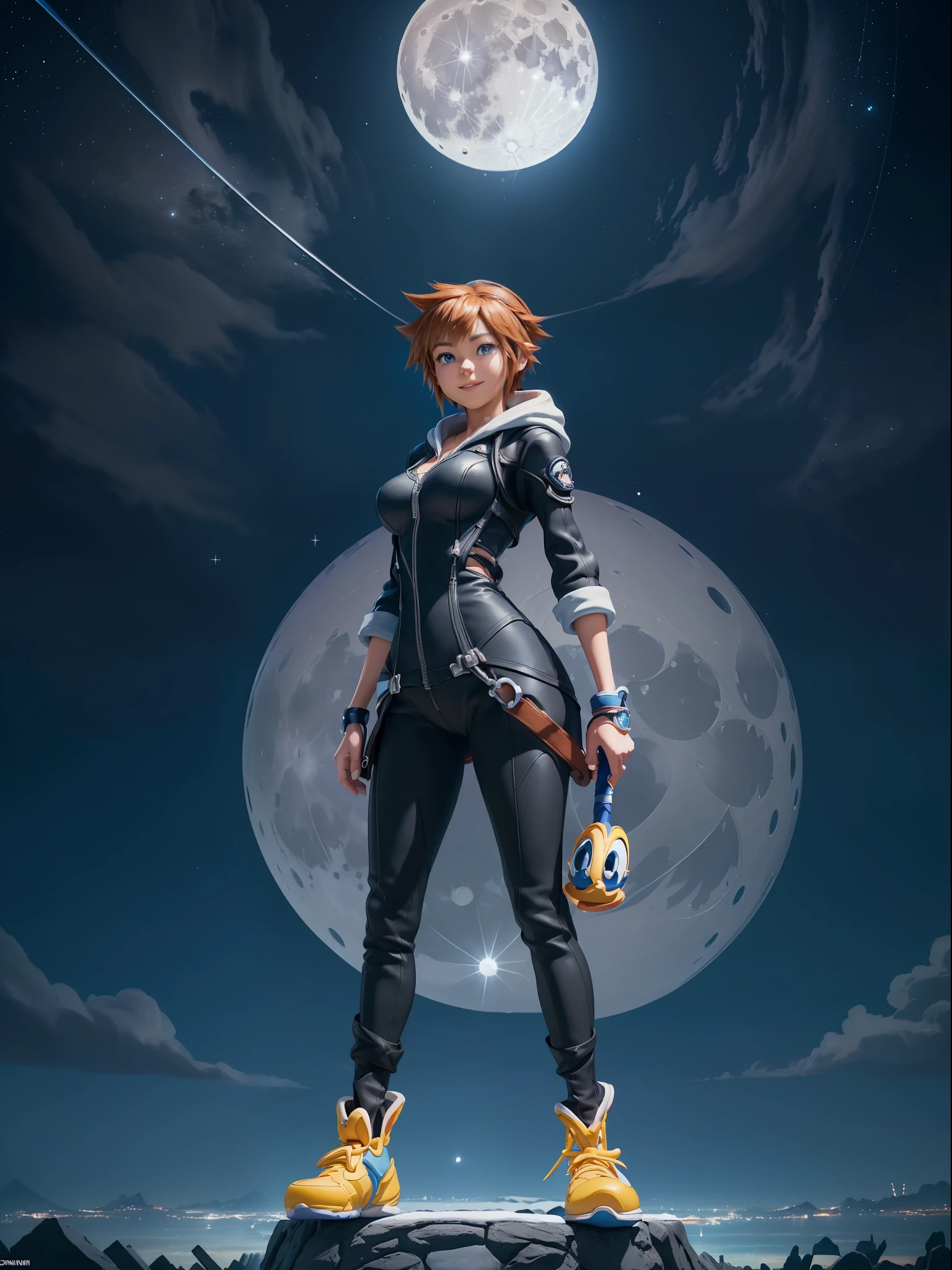 (Full body photo:1.7), (Kingdom Hearts 3, One/Woman/as Sora protagonist of Kingdom Hearts next to :1.5), (Big breasts:1.7), (Wearing the full outfit of Sora from Kingdom Hearts/holding a key-shaped sword:1.3), (Looking at the viewer/smiling:1.3), (She's next to Donald Duck and Goofy:1.7), (She's in a magical/night/full moon city in the sky:1.7), (She has Sora's hair from kingdom hearts: 1.5), (blue eyes: 1.5), (extremely tight body suit: 1.7), (doing sexy standing poses: 1.2), (Kingdom Hearts, award-winning, UHD, anime, high detail, 16k, high quality, masterpiece)