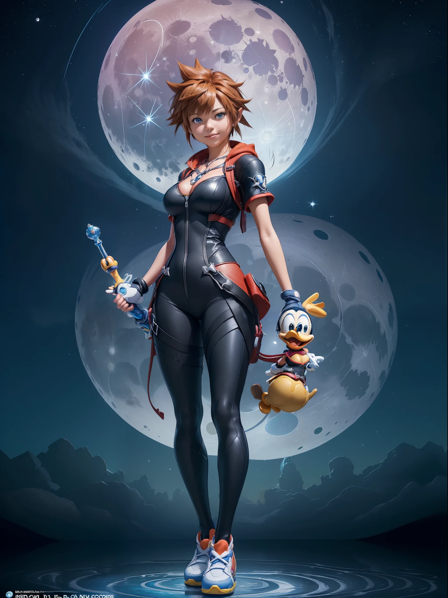 (Full body photo:1.7), (Kingdom Hearts 3, One/Woman/as Sora protagonist of Kingdom Hearts next to :1.5), (Big breasts:1.7), (Wearing the full outfit of Sora from Kingdom Hearts/holding a key-shaped sword:1.3), (Looking at the viewer/smiling:1.3), (She's next to Donald Duck and Goofy:1.7), (She's in a magical/night/full moon city in the sky:1.7), (She has Sora's hair from kingdom hearts: 1.5), (blue eyes: 1.5), (extremely tight body suit: 1.7), (doing sexy standing poses: 1.2), (Kingdom Hearts, award-winning, UHD, anime, high detail, 16k, high quality, masterpiece)