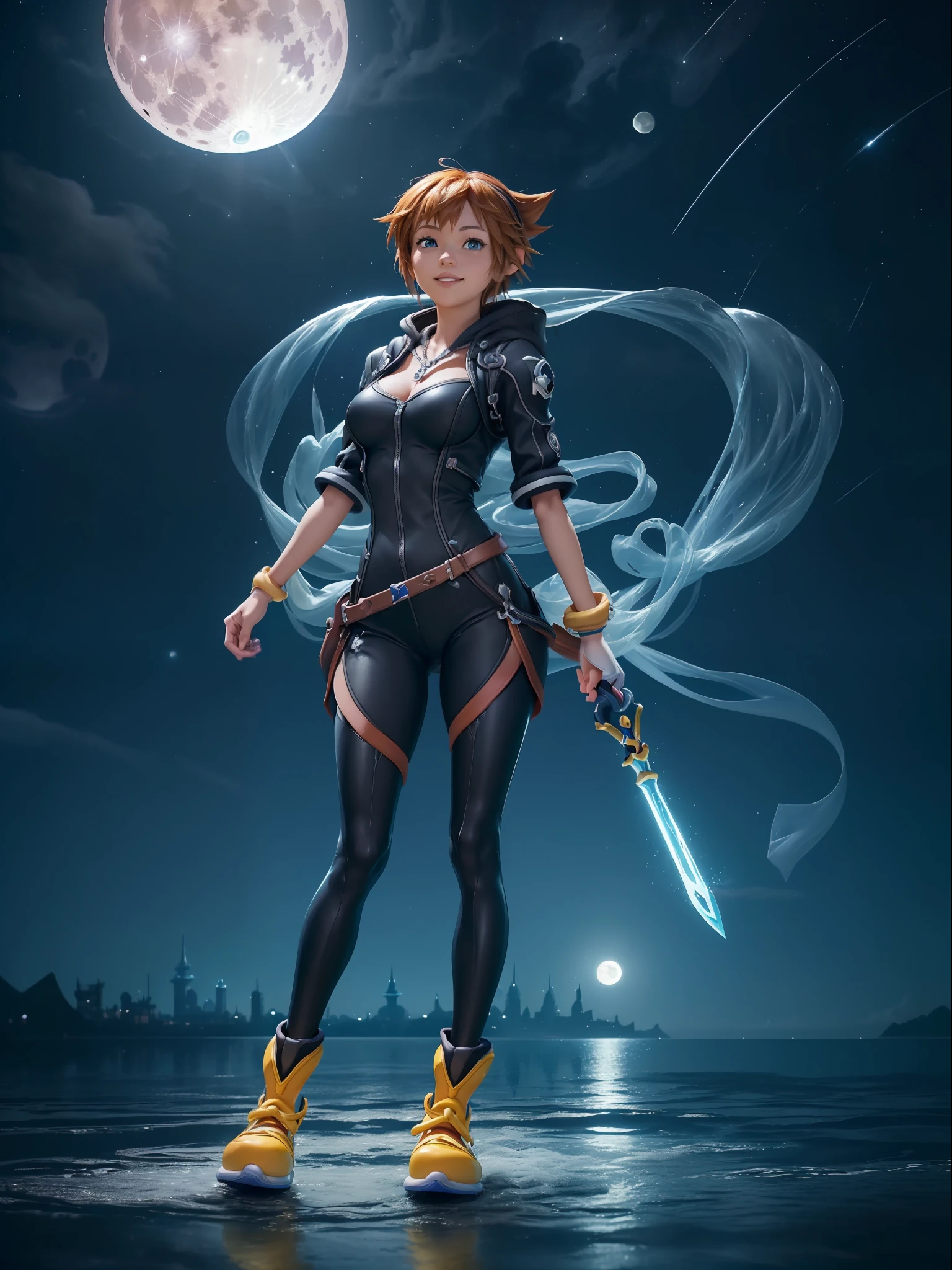 (Full body photo:1.7), (Kingdom Hearts 3, One/Woman/as Sora protagonist of Kingdom Hearts next to :1.5), (Big breasts:1.7), (Wearing the full outfit of Sora from Kingdom Hearts/holding a key-shaped sword:1.3), (Looking at the viewer/smiling:1.3), (She's next to Donald Duck and Goofy:1.7),  (She's in a magical/night/full moon city in the sky:1.7), (She has Sora's hair from kingdom hearts: 1.5), (blue eyes: 1.5), (extremely tight body suit: 1.7), (doing sexy standing poses: 1.2), (Kingdom Hearts, award-winning, UHD, anime, high detail, 16k, high quality, masterpiece)