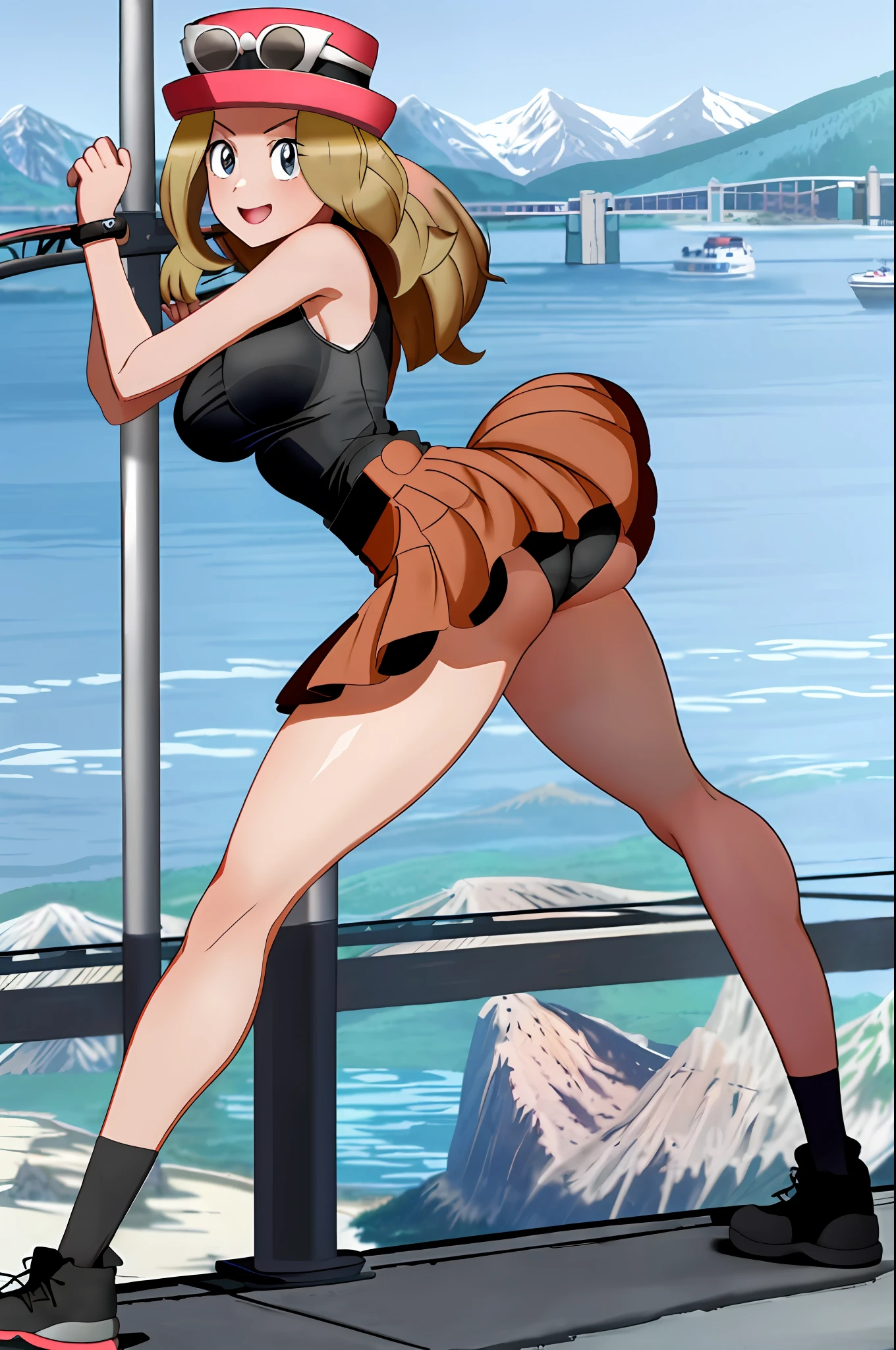 (masterpiece:1.2), (best quality:1.2), 1girl, solo, (mature female:1.1), (perfect face:1.3), (shoes:1.1), rollerskating, dynamic pose, (full body), ((detailed anatomy)), (athletic), looking at viewer, medium breasts, breasts, highres, [(hands:1.25): (detailed fingers:1.2):10], (sunny lake shore with mountains and bridge background:1.3), solo, (happy:1.2), (dynamic camera angle:1.2)

character_pokemon_serena, hat, eyewear on headwear, sleeveless shirt, red high-waist skirt, thighhighs, shoes, mega ring, rollerskates, grey eyes, (soft:1.2)

pokemon, generation 6, (((thick thighs))) ((ass)) (from behind)