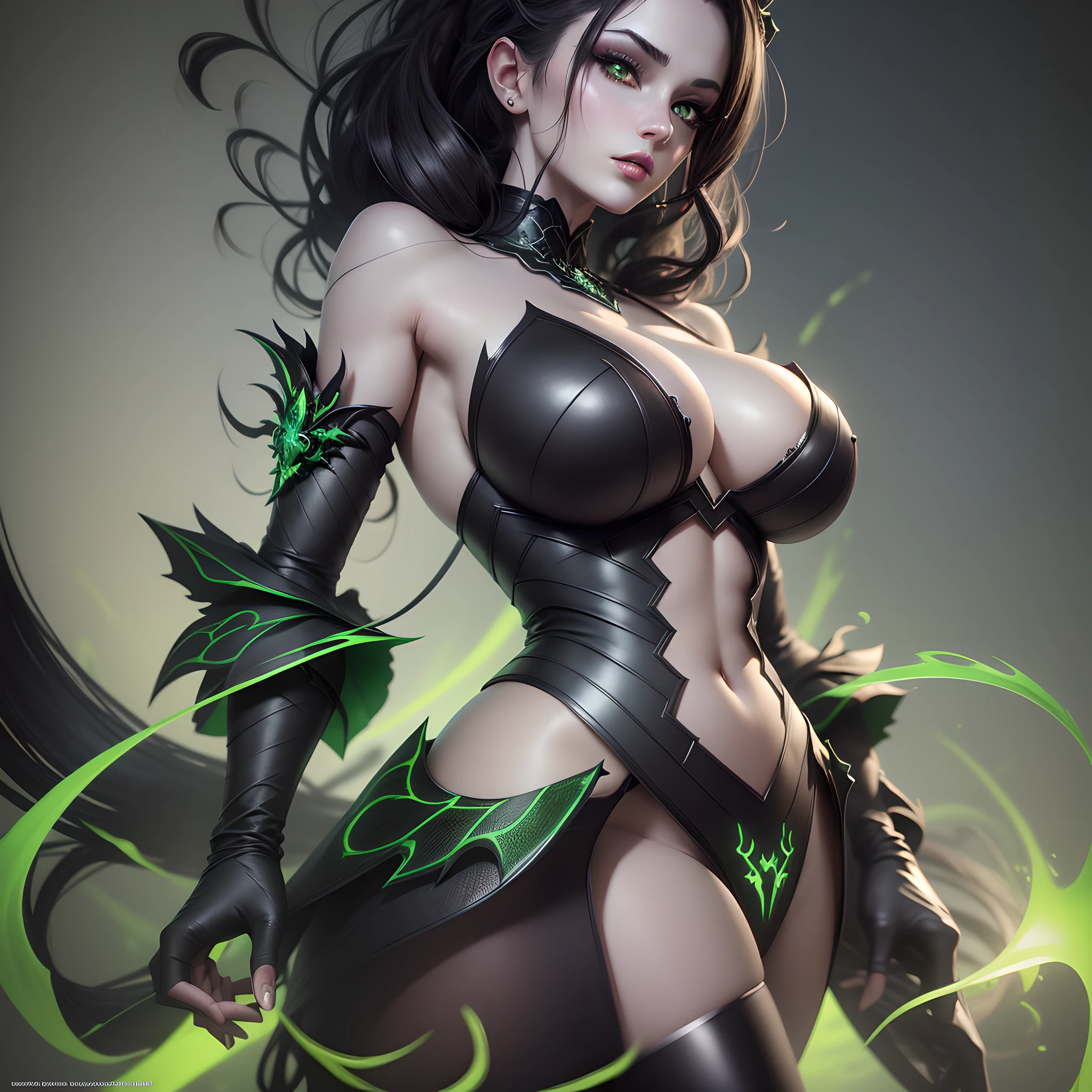 Best quality, masterpiece, highly detailed, Sexy female demon, black background, green energy magic, greenglowing eyes, pale skin, dynamic pose, kawaii, fit build, gorgeous perfect face, in the style of realistic and hyper detailed renderings, zbrush, hyper realistic oil, contoured shading, dark scene, darkness, cleavage, huge breasts, slim waist,