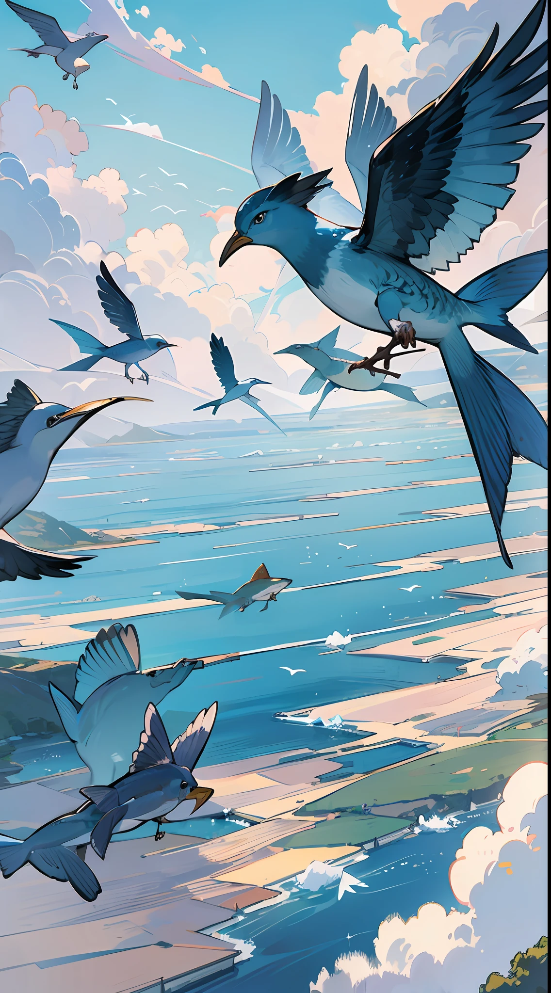 Create a landscape of various birds flying over the sea and jumping fish --auto --s2