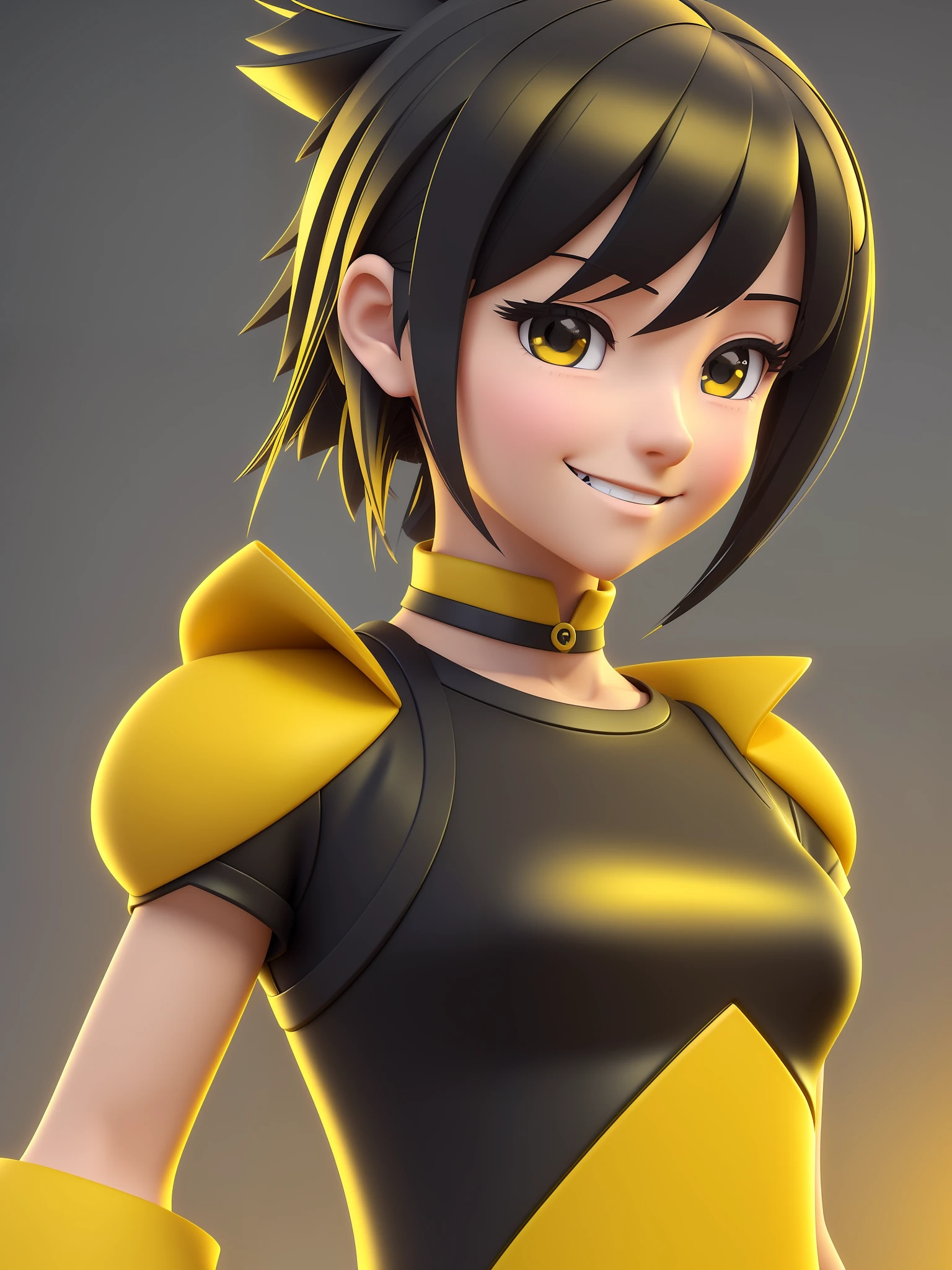 Young girl, a cartoon character dark yellow outfit, expression with ((melancholic smile)), (dark hair up to shoulder), stylized character, animation character, stylized 3d render, 3d character, highly detailed character, stylized anime, stylized 3d, render character, character model, close up, maximum quality