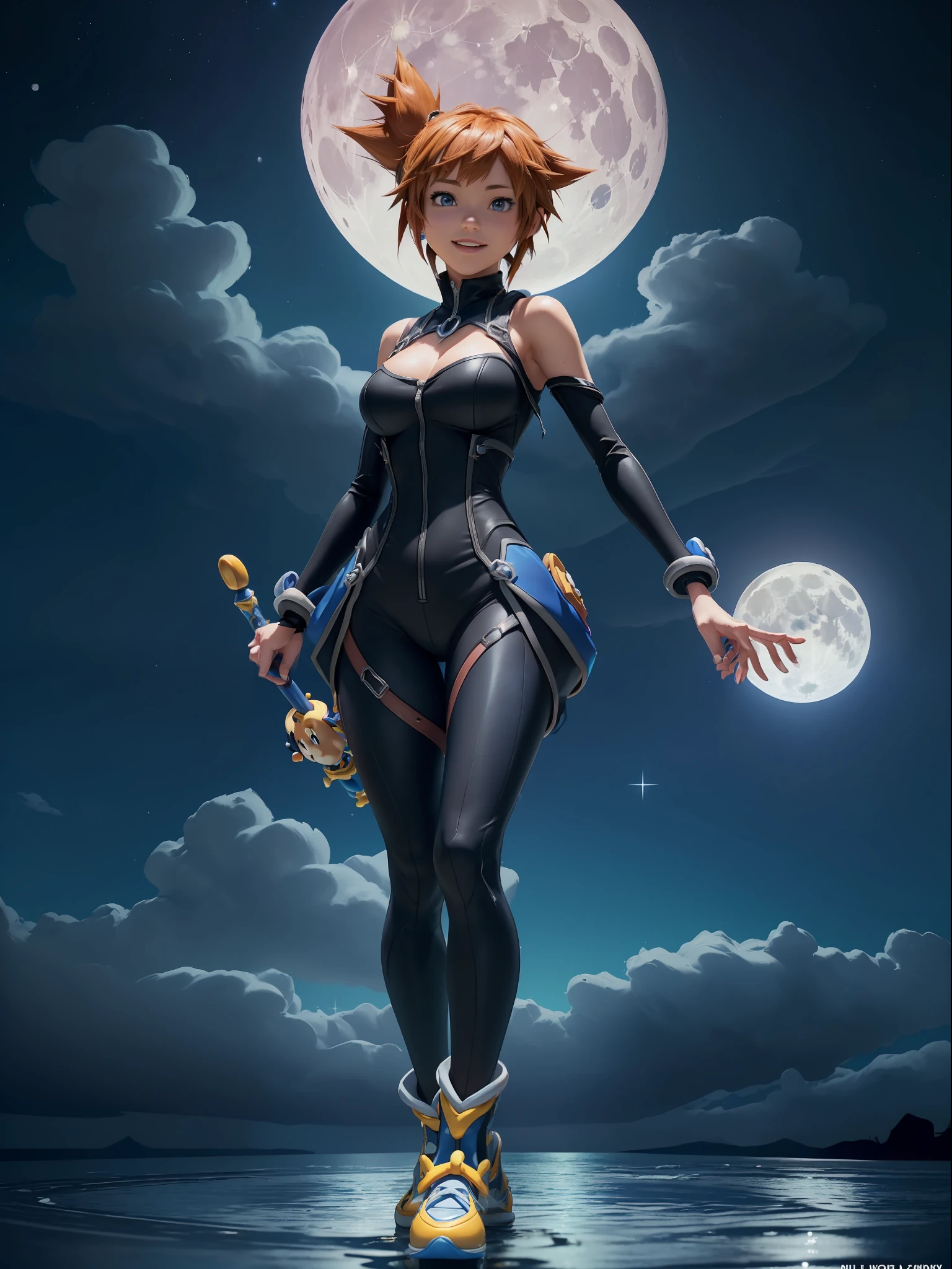 (Full body photo:1.7), (Kingdom Hearts 3, One/Woman/as Sora protagonist of Kingdom Hearts alongside (MaleficentWaifu:1) :1.5), (Big breasts:1.7), (Wearing the full outfit of Sora from kingdom hearts/holding a key-shaped sword:1.3), (Looking at the viewer/smiling:1.3), (She's next to Donald Duck and Goofy:1.7), (She's in a magical/night/full moon city in the sky:1.7), (She has Sora's hair from kingdom hearts: 1.5), (blue eyes: 1.5), (extremely tight body suit: 1.7), (doing sexy standing poses: 1.2), (Kingdom Hearts, award-winning, UHD, anime, high detail, 16k, high quality, masterpiece)
