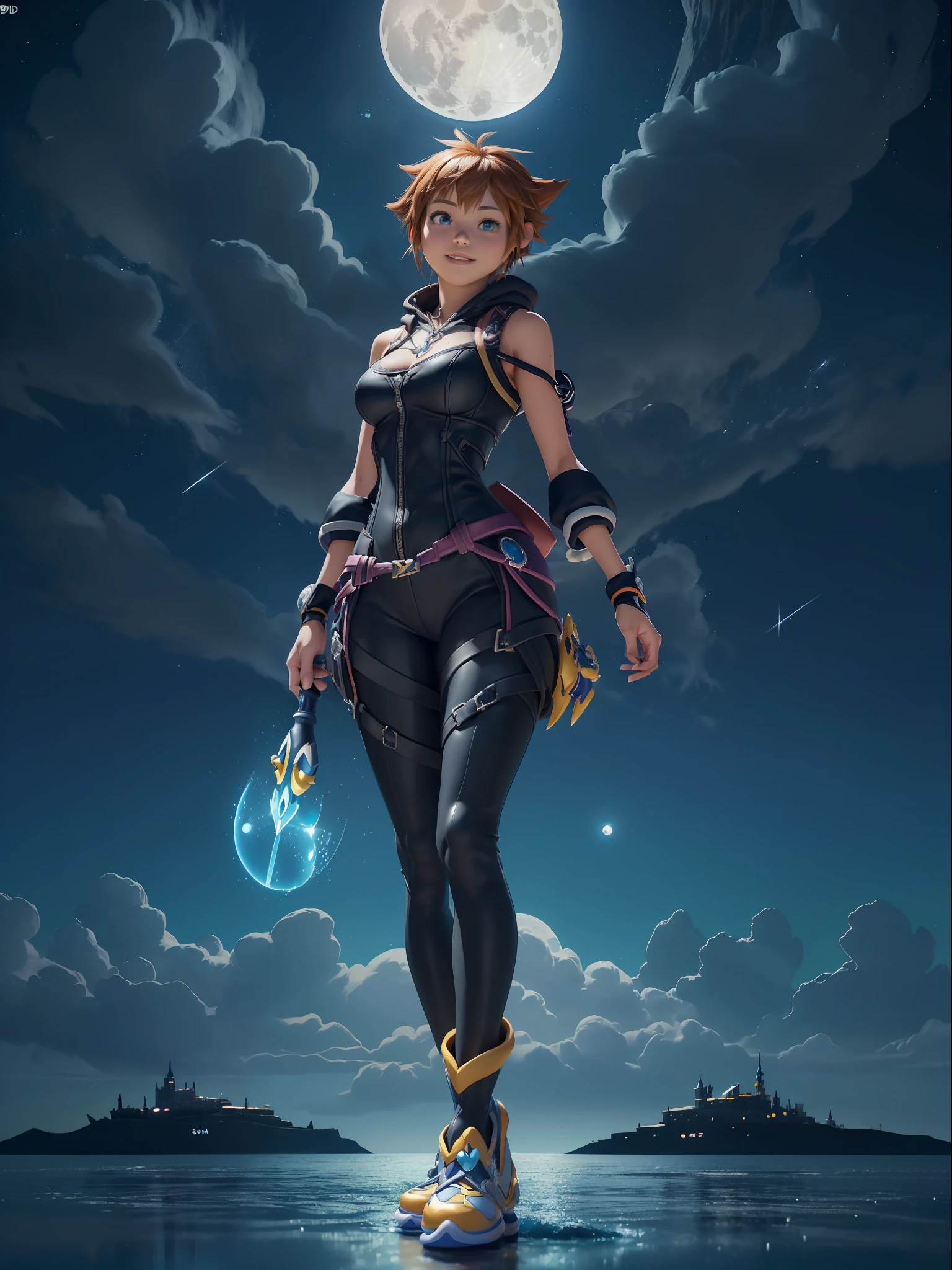 (Full body photo:1.7), (Kingdom Hearts 3, One/Woman/as Sora protagonist of Kingdom Hearts alongside (MaleficentWaifu:1) :1.5), (Big breasts:1.7), (Wearing the full outfit of Sora from kingdom hearts/holding a key-shaped sword:1.3), (Looking at the viewer/smiling:1.3), (She's next to Donald Duck and Goofy:1.7),  (She's in a magical/night/full moon city in the sky:1.7), (She has Sora's hair from kingdom hearts: 1.5), (blue eyes: 1.5), (extremely tight body suit: 1.7), (doing sexy standing poses: 1.2), (Kingdom Hearts, award-winning, UHD, anime, high detail, 16k, high quality, masterpiece)