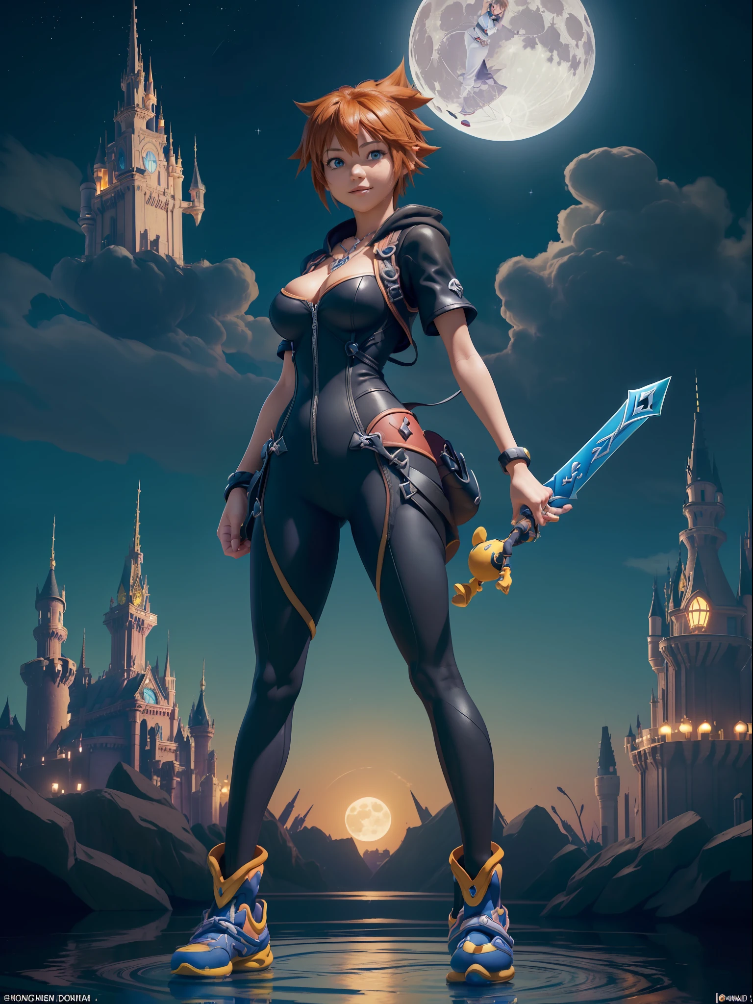 (Full body photo:1.7), (Kingdom Hearts 3, One/Woman/as Sora protagonist of Kingdom Hearts alongside (MaleficentWaifu:1) :1.5), (Big breasts:1.7), (Wearing the full outfit of Sora from kingdom hearts/holding a key-shaped sword:1.3), (Looking at the viewer/smiling:1.3), (She's next to Donald Duck and Goofy:1.7), (She's in a magical/night/full moon city in the sky:1.7), (She has Sora's hair from kingdom hearts: 1.5), (blue eyes: 1.5), (extremely tight body suit: 1.7), (doing sexy standing poses: 1.2), (Kingdom Hearts, award-winning, UHD, anime, high detail, 16k, high quality, masterpiece)