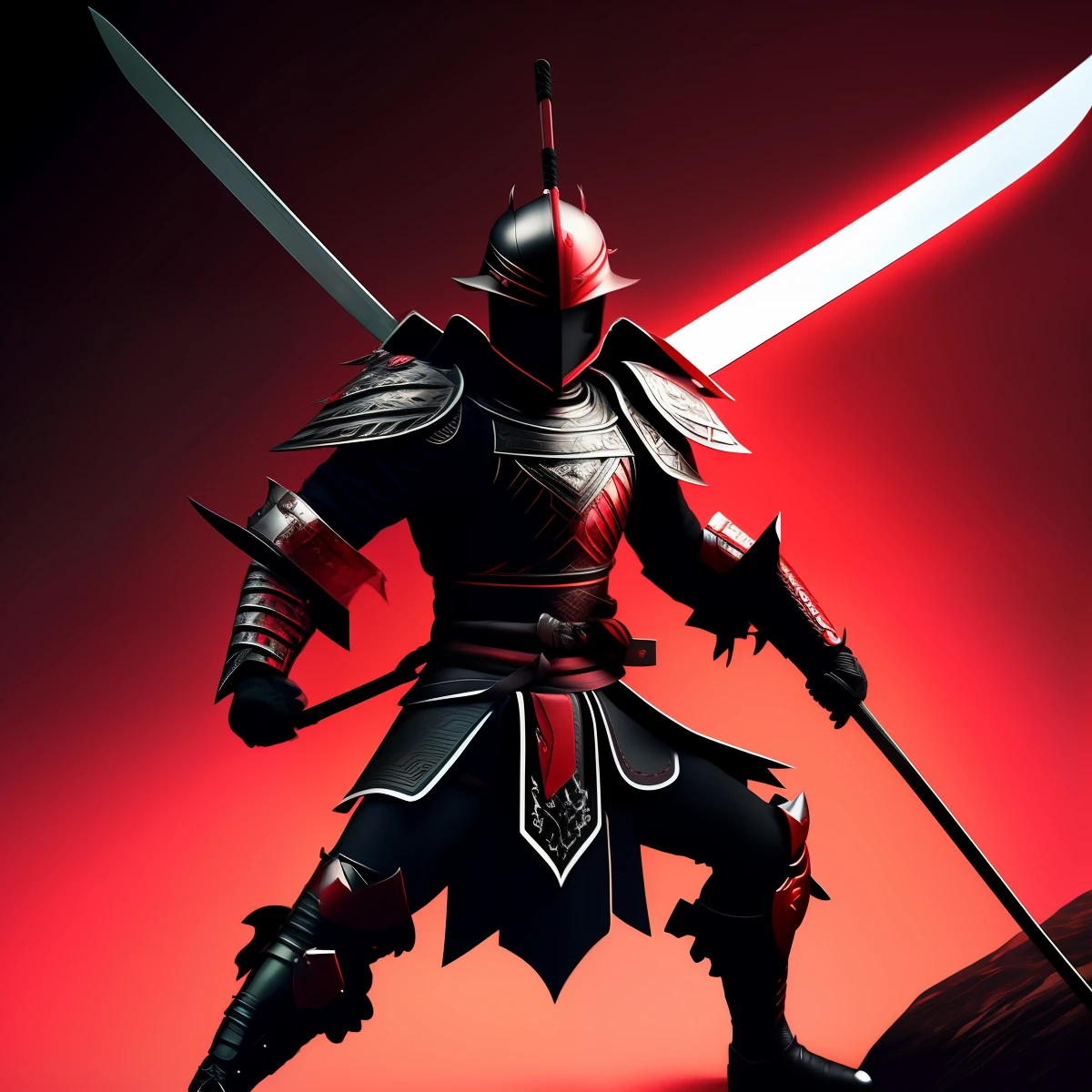 A strong Samurai wearing armor and wearing a black mask that protects his face in 3d. Using 3 swords with different shapes. And one of the swords with scarlet red blade. The night with many trees and the moon illuminating a blade of the sword. Another Kamen Rider in 4k