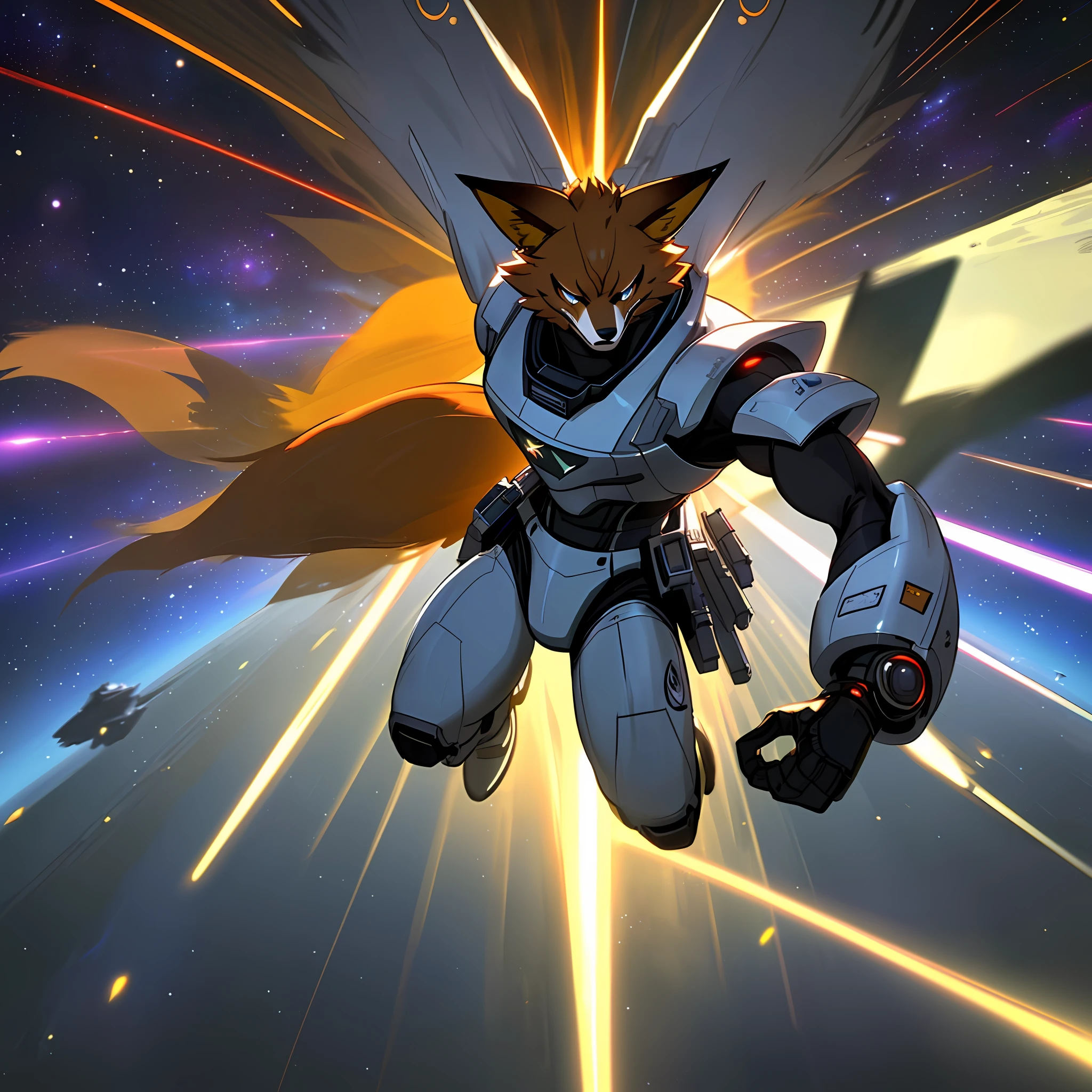 ((Furry man))(masterpiece), best quality, ultra-detailed,(Fox McCloud), pilot attire, sleek, high-tech, futuristic, intense action shot, space fighter, targeting system, laser beam, deep space, starry background, dynamic lighting