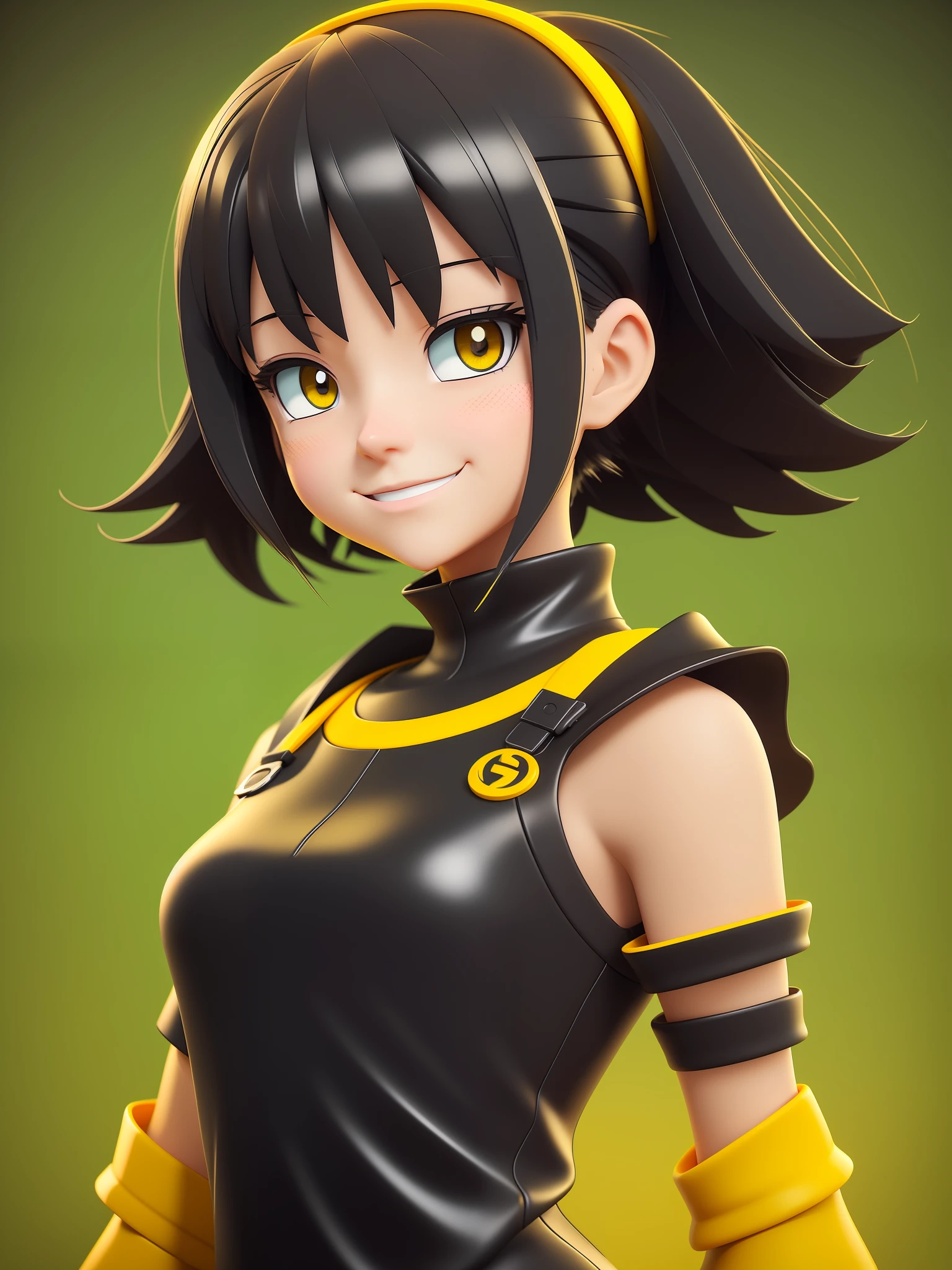 Young girl, a cartoon character dark yellow outfit, expression with ((melancholic smile)), (dark hair up to shoulder), yellow eyes, stylized character, animation character, stylized 3d render, 3d character, highly detailed character, stylized anime, stylized 3d, render character, character model, close up, maximum quality