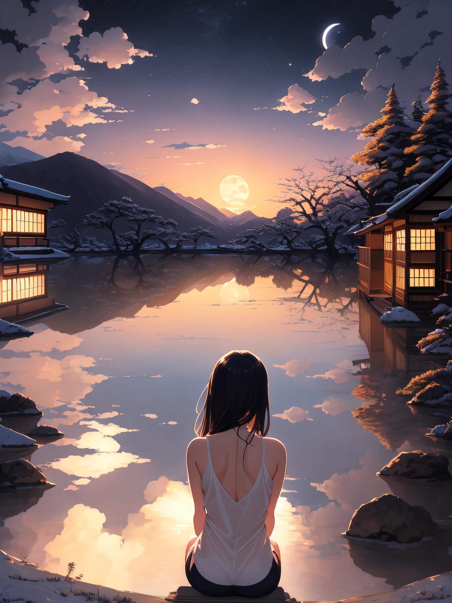 masterpiece, best quality, highres, absurdres, ultradetailed, astonishing, wonderful, awesome, peaceful, relaxing, beautiful, highly detailed , 1girl, looking at the sky, (back shot:1.1), (low angle shot:1.1), onsen, steam, night sky, bright moon, by artist makoto shinkai, Krenz Cushart, Ilya Kuvshinov