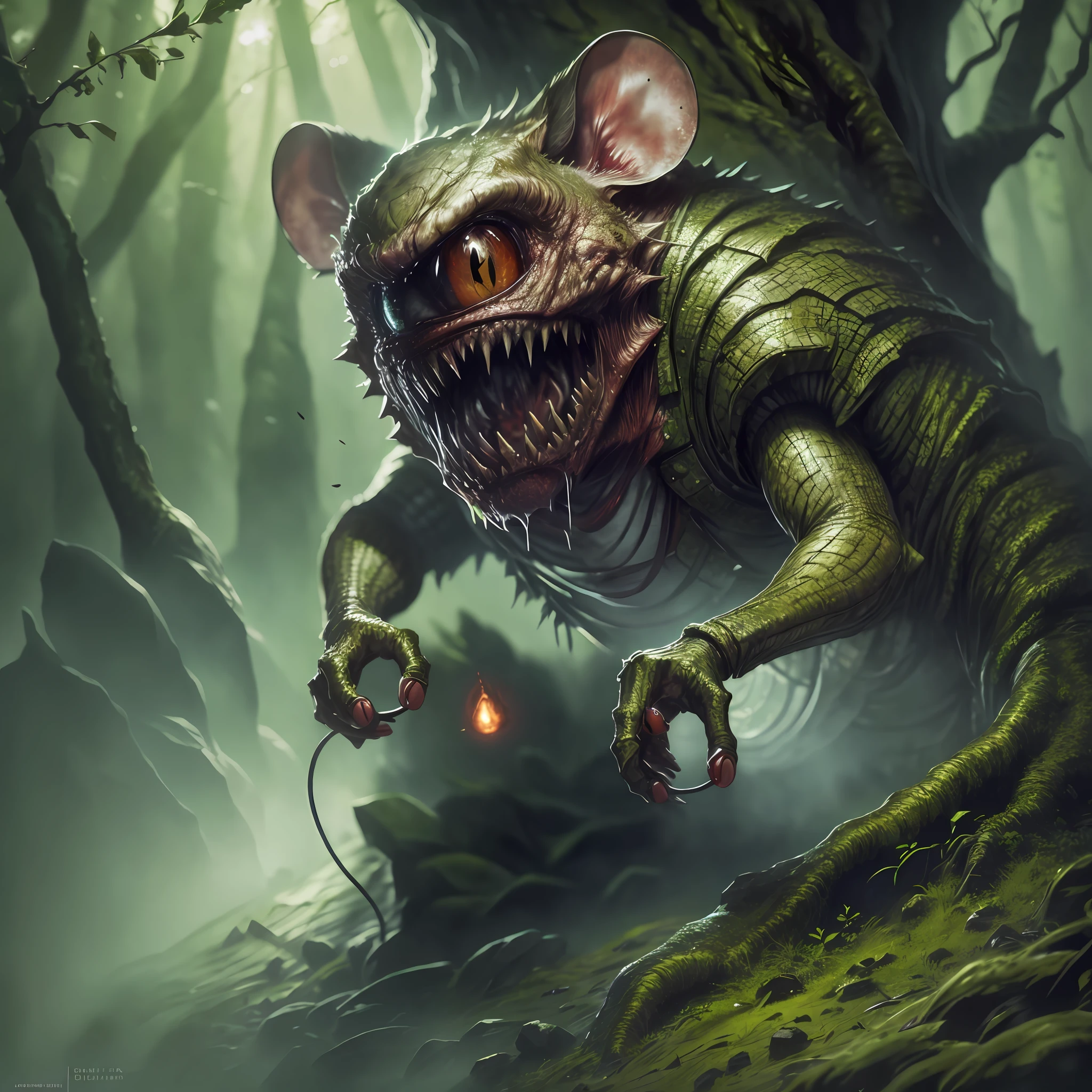 Bloodthirsty monster in the form of a mouse in a super realistic and very detailed forest