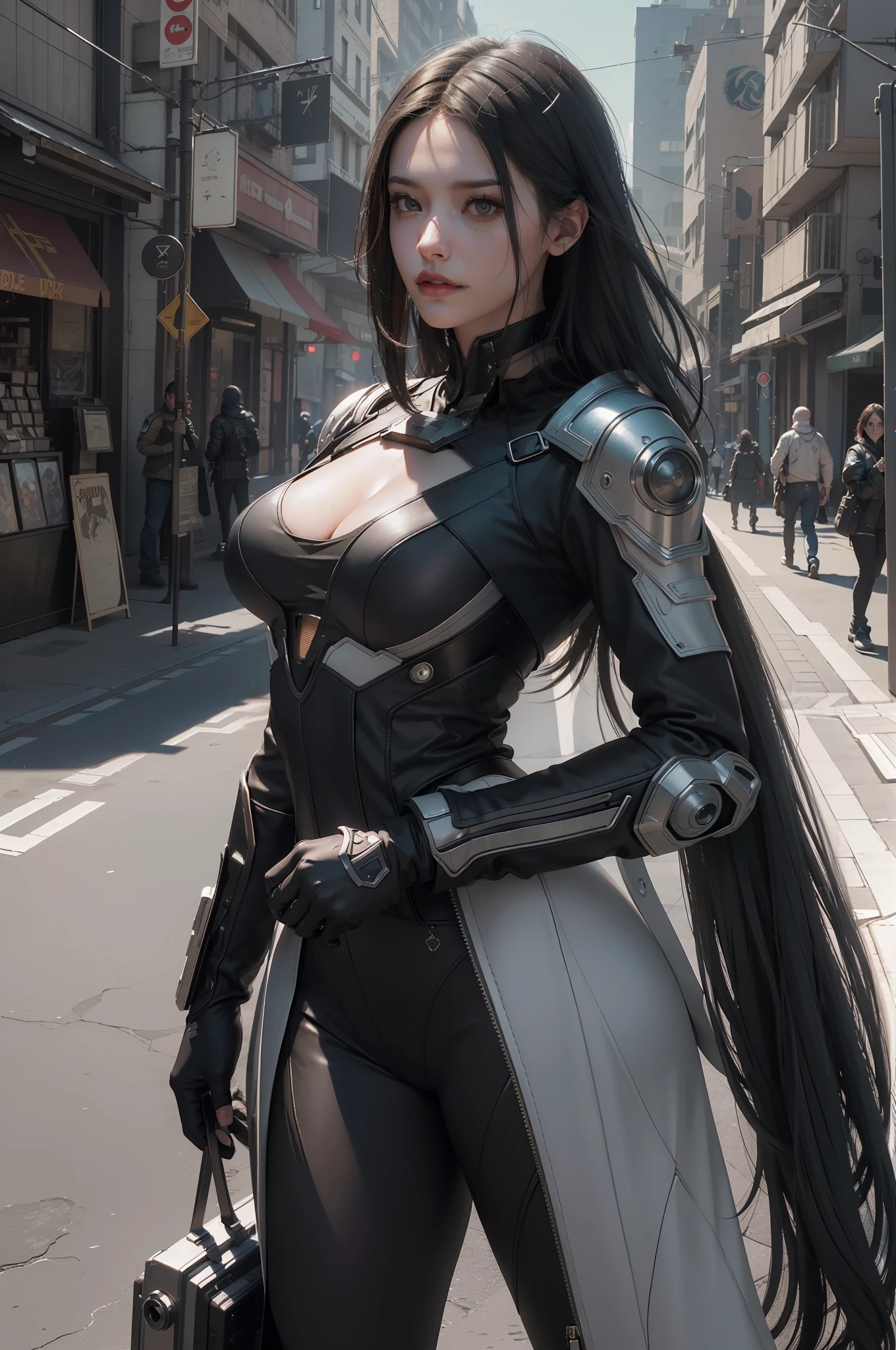 ((Best quality)), ((masterpiece)), (detailed:1.4), 3D, an image of a beautiful cyberpunk female,HDR (High Dynamic Range),Ray Tracing,NVIDIA RTX,Super-Resolution,Unreal 5,Subsurface scattering,PBR Texturing,Post-processing,Anisotropic Filtering,Depth-of-field,Maximum clarity and sharpness,Multi-layered textures,Albedo and Specular maps,Surface shading,Accurate simulation of light-material interaction,Perfect proportions,Octane Render,Two-tone lighting,Wide aperture,Low ISO,White balance,Rule of thirds,8K RAW,Masterpiece, best quality, (8k very detailed CG unit wallpaper) (best quality), (best illustration), (best shading), cyberpunk city street background