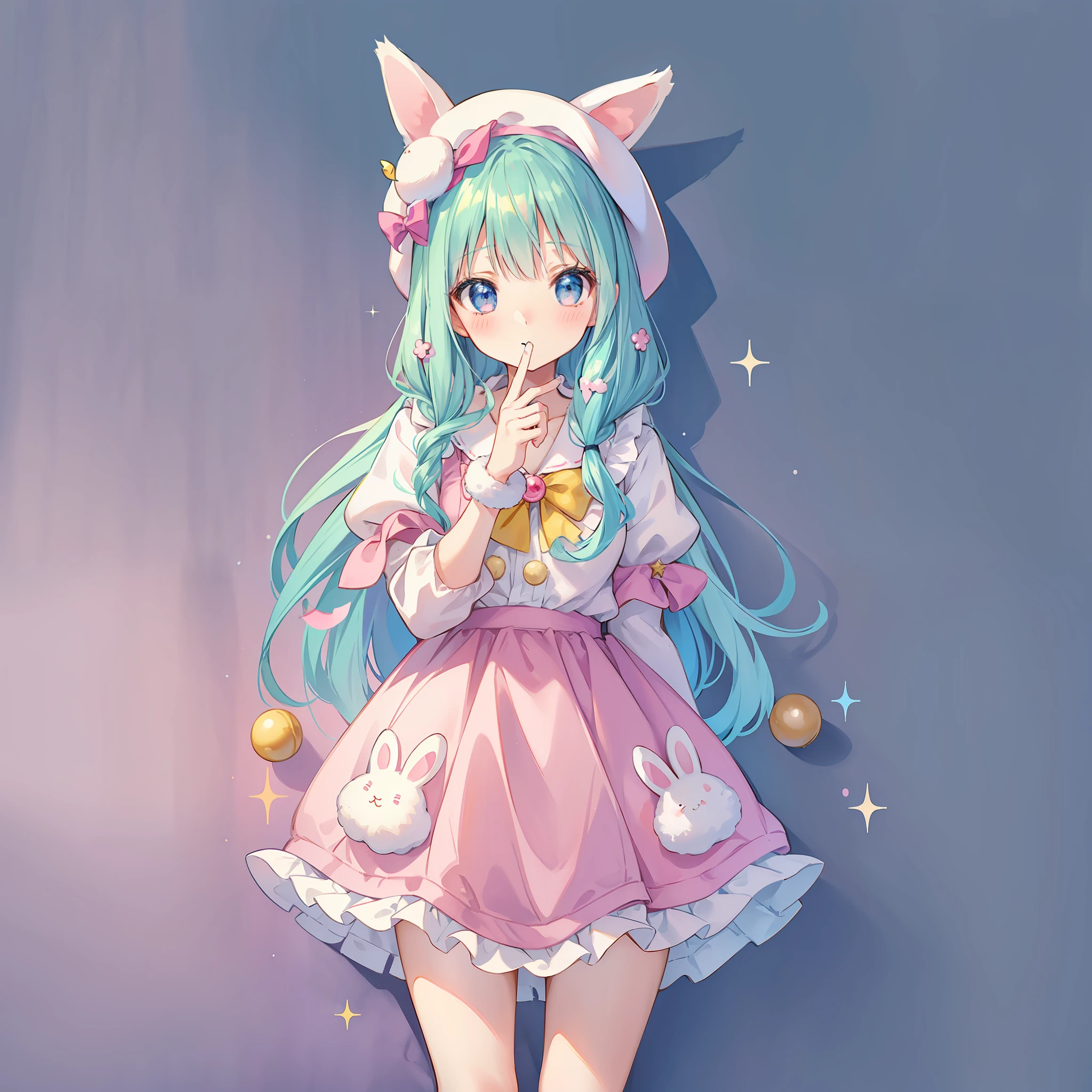“Pearl-Ear Bunny” The artwork features a cute girl with bunny ears, wearing a beret hat with pearls in a kawaii theme. She has a sweet and innocent expression on her face, with big eyes and a small nose. Her bunny ears are soft and fluffy, and she wears a simple pastel-colored dress or a blouse with a cute skirt. The beret hat is a soft and cozy knit, with small pearls sewn onto it for added sparkle. The kawaii theme is incorporated into the background, with cute and colorful patterns or images of cute animals or sweets. There may also be other elements of kawaii culture, such as anime-style characters or toys. The overall effect is a charming and whimsical image that celebrates cuteness and innocence.