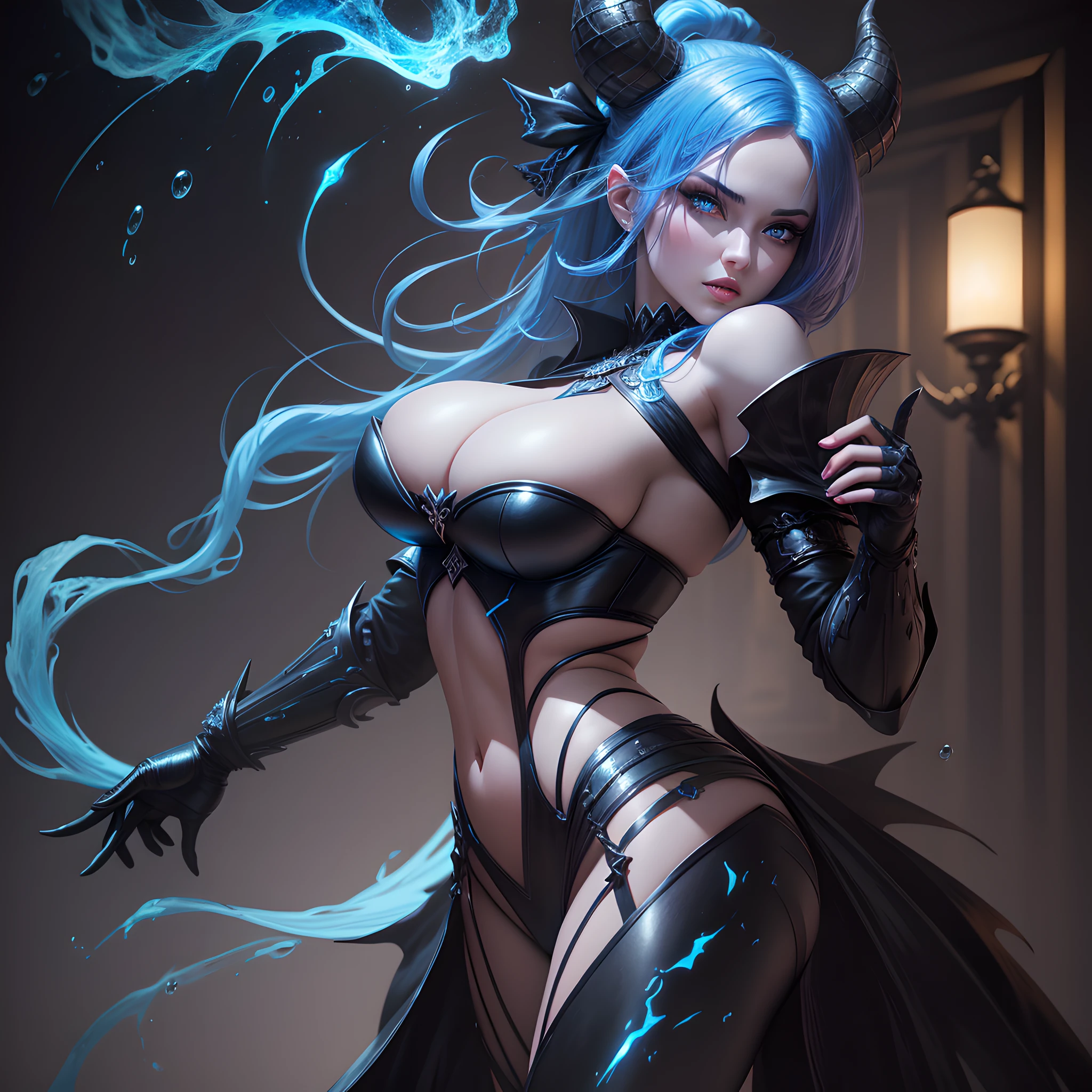 Best quality, masterpiece, highly detailed, Sexy female demon, black background, blue energy magic, blueglowing eyes, pale skin, dynamic pose, kawaii, fit build, gorgeous perfect face, in the style of realistic and hyper detailed renderings, zbrush, hyper realistic oil, contoured shading, dark scene, darkness, cleavage, huge breasts,