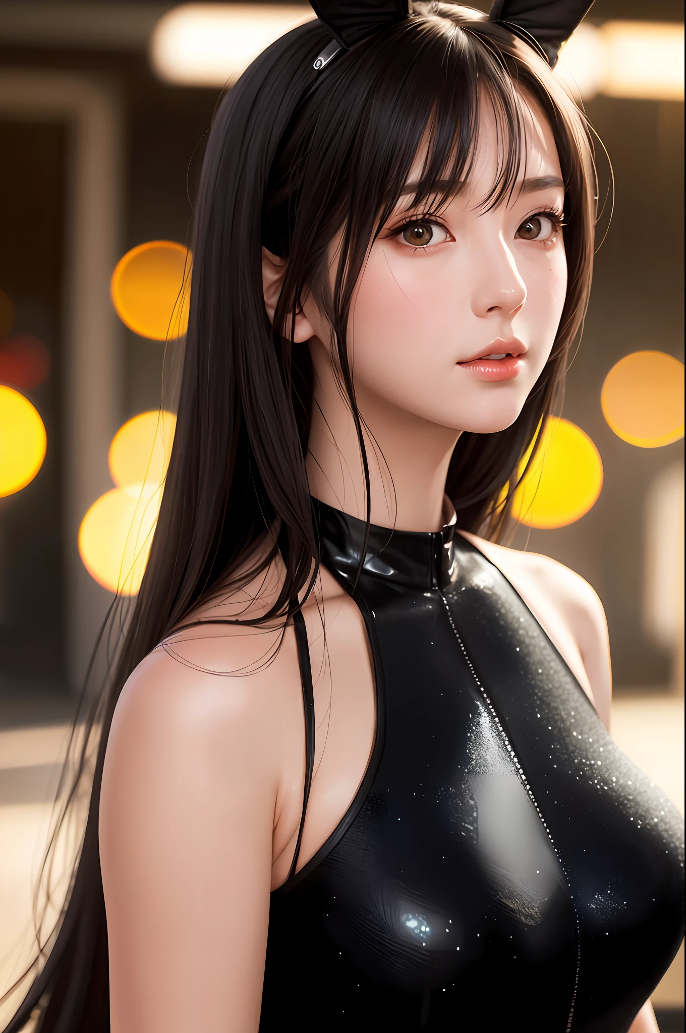 bunny girl, (sweat:0.7),woman,japanese,exquisite face, beautiful face,bare shoulders,shoulders exposed,translucent skin,black eyes,black hair,(photorealistic:1.4),realistic details, high resolution,bokeh,outstanding details
