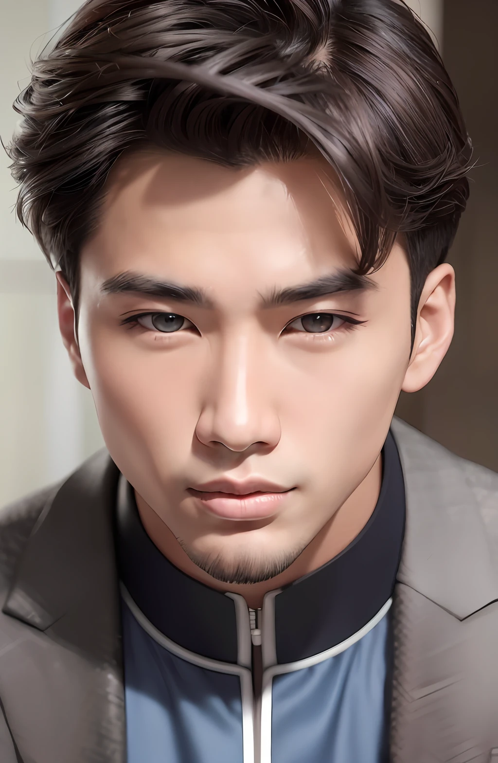 Close-up of a very handsome young Asian man's face, light skin, blue eyes, dark hair, detailed face, detailed hair, Luxury Realistic 3D design type. within a circle; at the top of the image; Lead brown mixed background; Highly detailed Cgi 8k resolution --auto --s2