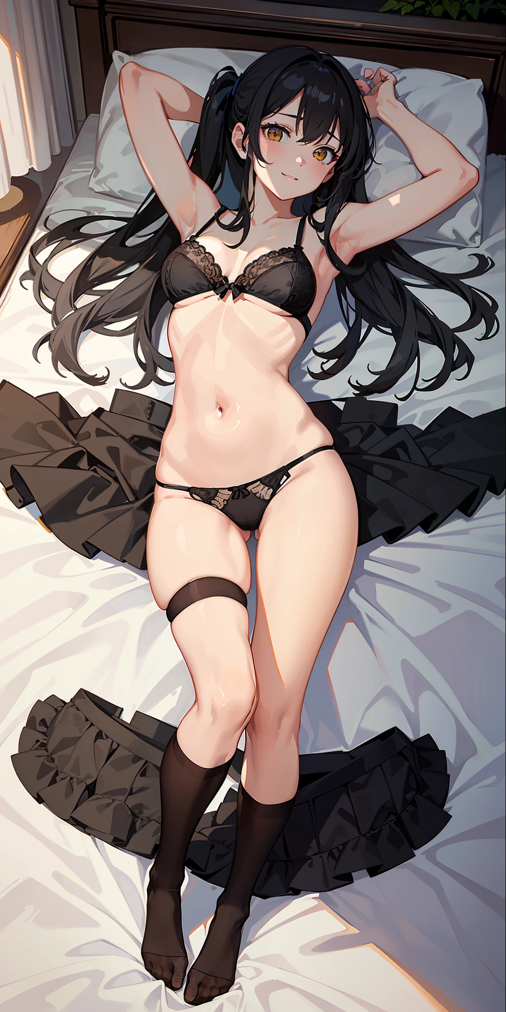 Masterpiece, superior quality, high resolution, solo, medium breasts, yellow eyes and black hair twintail, indoors, bra, thong, (reaching: 1.2), lying, from above, open arms, smile, bed, shaggy underwear, sensual expression, torn pantyhose, ripped socks