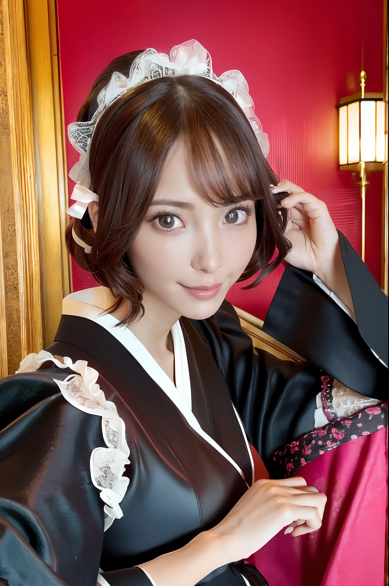 1 Girl, Instagram (photorealistic, high res: 1.4), ((swollen eyes)), Staring at viewer, Full body (8k, RAW photo, best quality, masterpiece: 1.2), (realistic, photorealistic) :1.37), (sharp focus: 1.2), Professional Lighting, Photon Mapping, Radiosity, Physically Based Rendering, (White Skin: 1.2), Viewer's Eye, (Middle Hair: 1.5), Portrait, Dark Eyes, (Brown Hair: 1.1), Forelock, (Church with beautiful stained glass background: 1.4), Solo, Upper Body, Real (Masterpiece:1.4), (Top Quality:1.4), (Shiny Skin), Fashion Girl, Makeup, Smile (Skinny, Close Mouth, Shy:1.3), (Standing, Necromancer:1.1), Medium Bust, Sexy Pose, Japanese, Big Eyes, Slightly Hanging Eyes, Super Cute, Moonlight, Sister, short hair, frilly blouse, gothic lolita fashion, kimono, pink kimono,