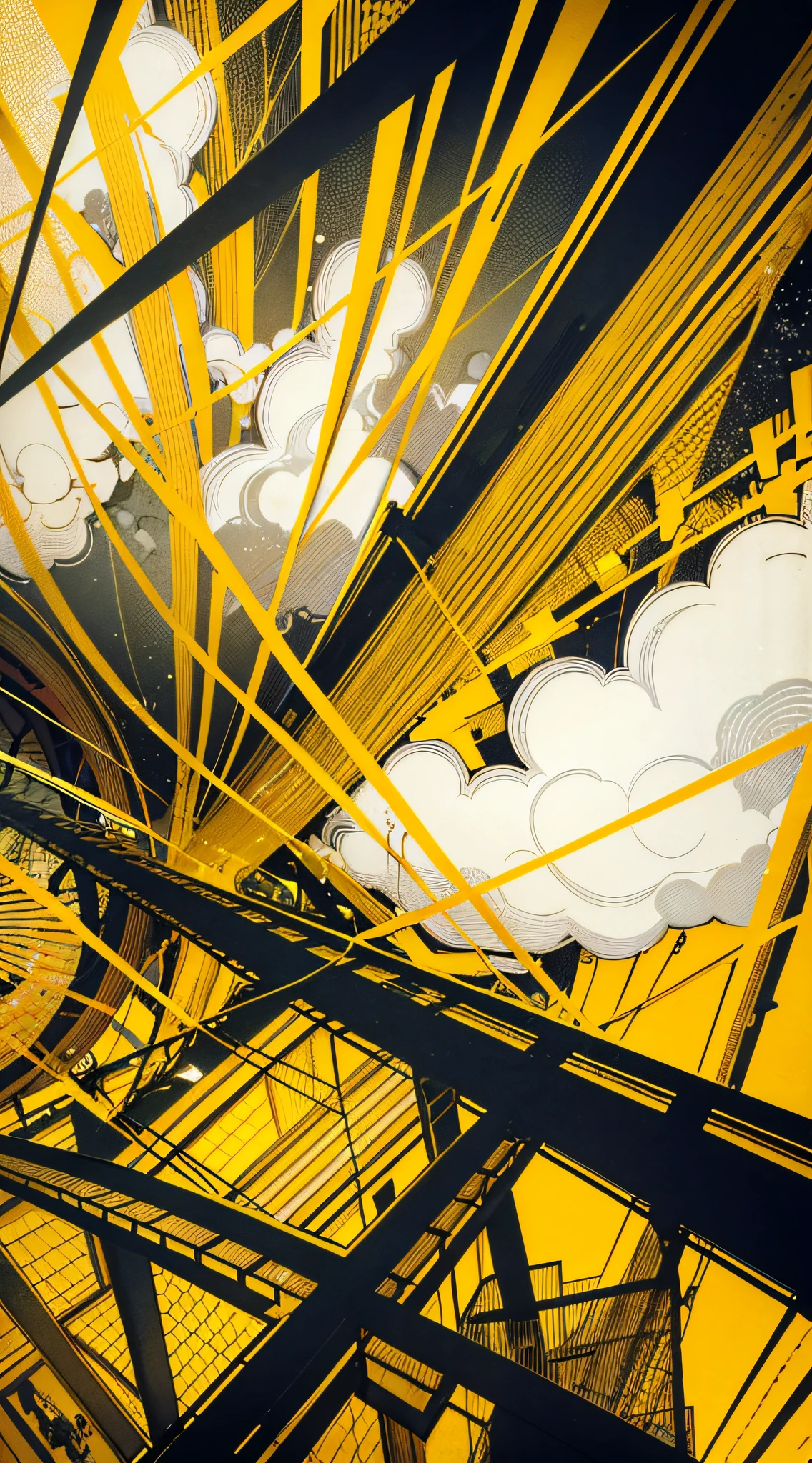 This is a background pattern, predominantly yellow, lines, Bauhaus art, entangled, warm, mysterious, family, ancient, smoke clouds.