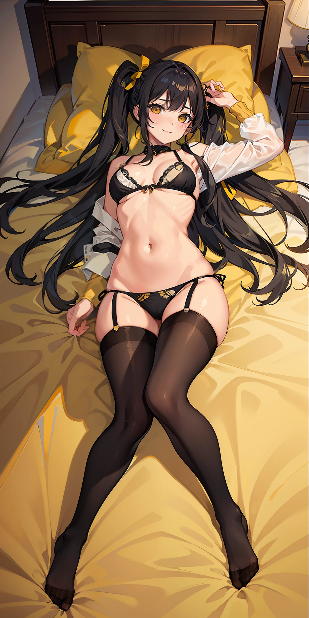 Masterpiece, superior quality, high resolution, solo, ??????????????, yellow eyes and black hair twintail, indoors, bra, ?????, (reaching: 1.2), lying, from above, open arms, smile, bed, shaggy ?????????, expression of pleasure, torn pantyhose, ripped socks