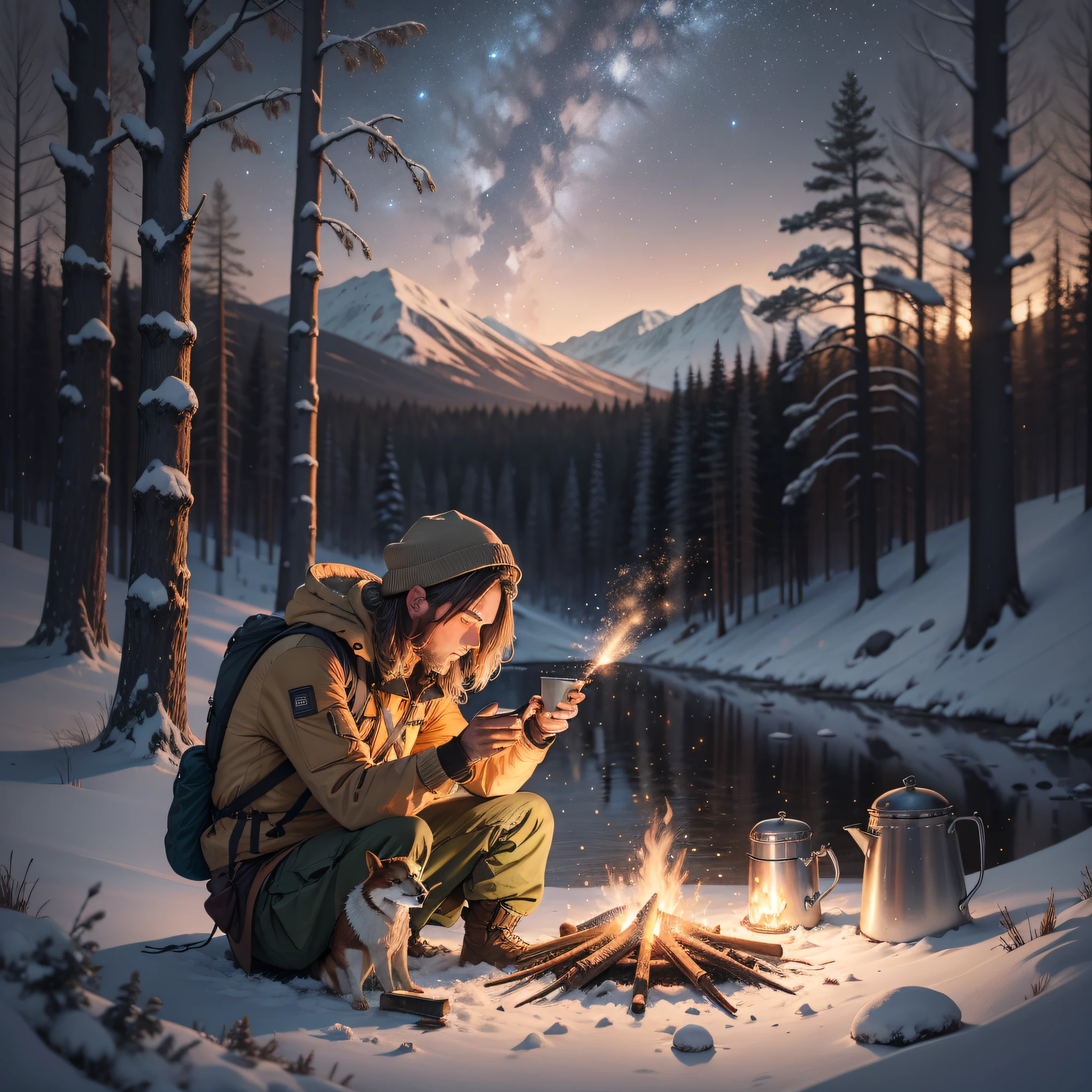 There is one man sitting on a log by a fire in the forest at night, this is a human journey in nature, there is a tent for spending the night nearby, a backpack lies on the ground, there is a metal pot for cooking, a man holds a cup of tea in his hands, there are binoculars, there is water from a stream nearby, a dark night sky and sparks from a fire, a hunting dog, night trees, glare from the fire,  Stars in the sky, peace and quiet, free wildlife at night, grass, tree leaves and branches, moon and stars, (masterpiece), best quality, super detailed illustration