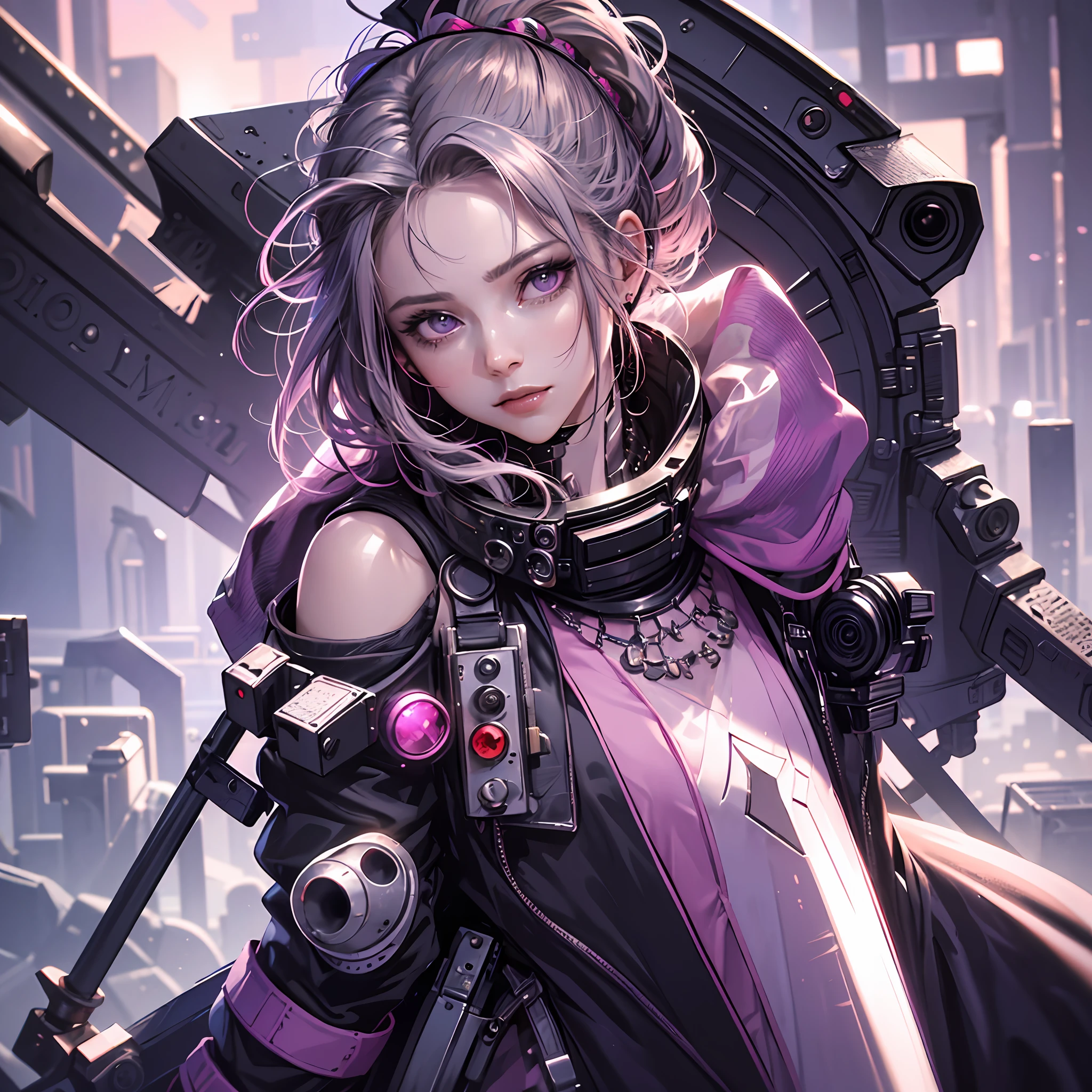 Woman, serious, elegant, pink dress, silver elements, long nails,  shoulders, hairstyle, hair up, braid and ponytail, messy, purple eyes, sweet smile, detailed dress, royalty, closeup face, portrait, cyberpunk, purple (best quality), (masterpiece), (highly detailed), (4k)