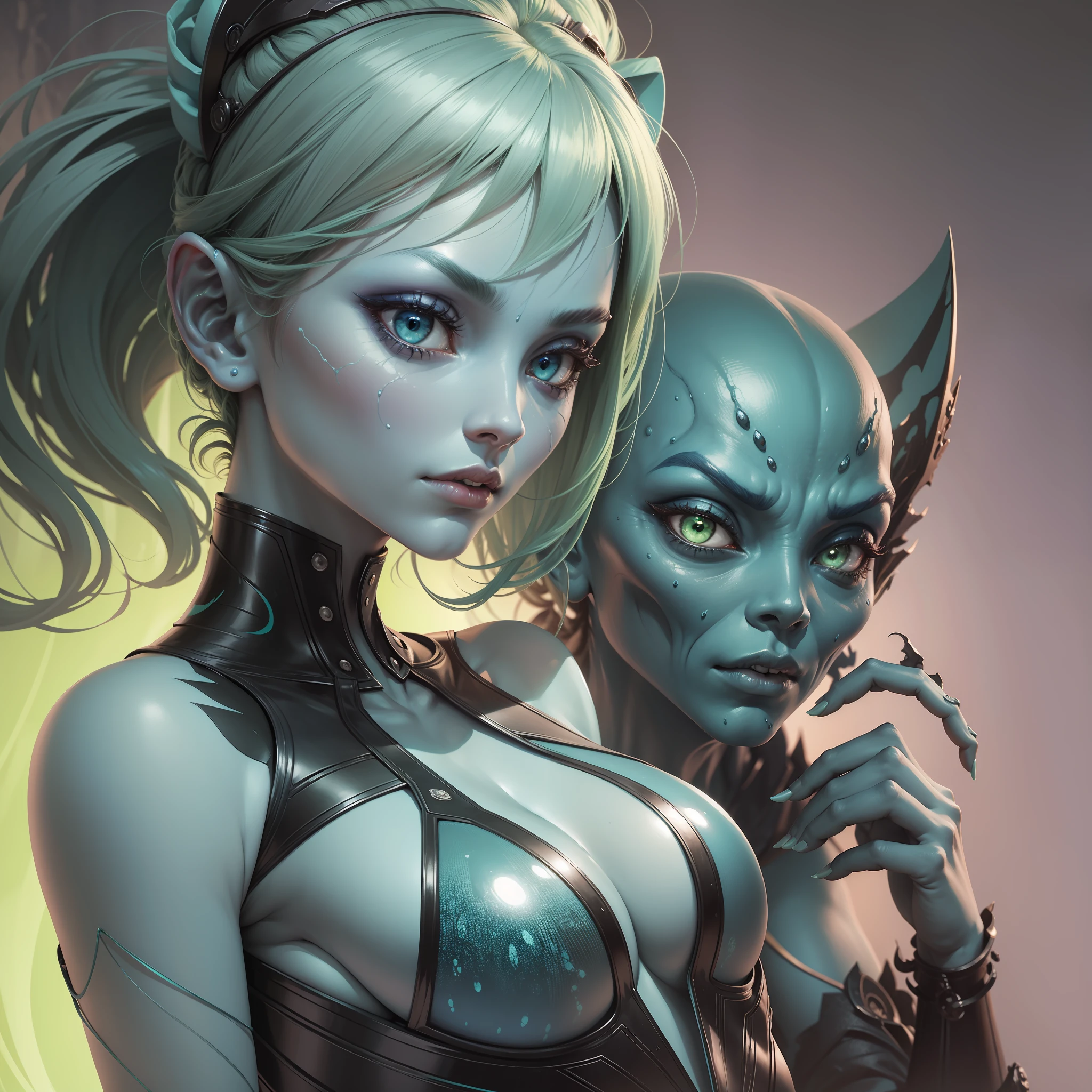 An alien woman, with blue-green skin and large, expressive eyes, is standing before you. She seems to be studying you with curiosity, her exotic countenance emanating a mysterious and fascinating aura. His appearance is ultra-realistic, with every detail of his costume and physiognomy meticulously drawn. You feel transported to a distant world where the unknown is the norm.