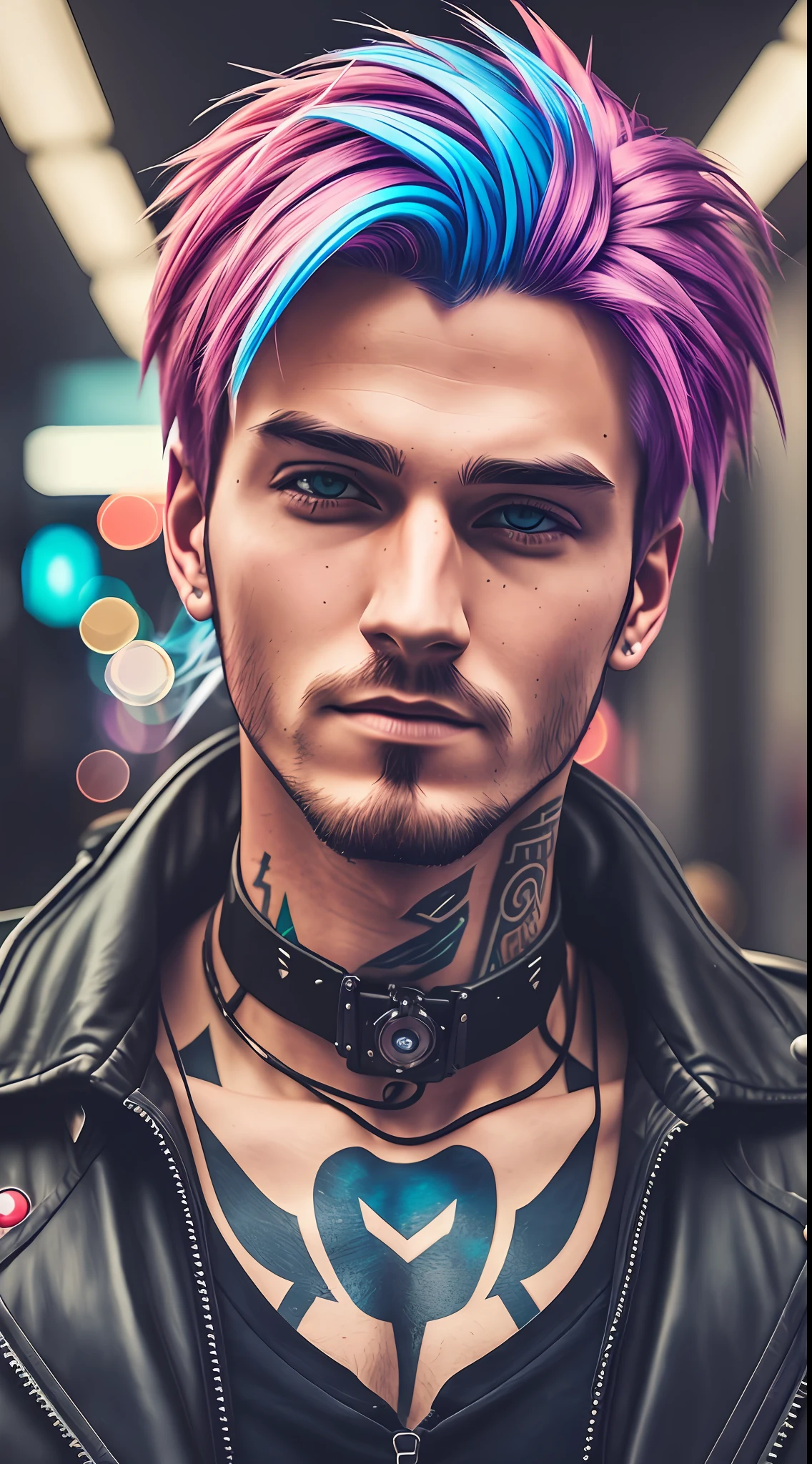 Man with colorful hair cyberpunk style, sharp facial features, cinematic, 35mm lens, f/1.8, highlight lighting, global lighting –uplight –v 4 -imagine --auto --s2