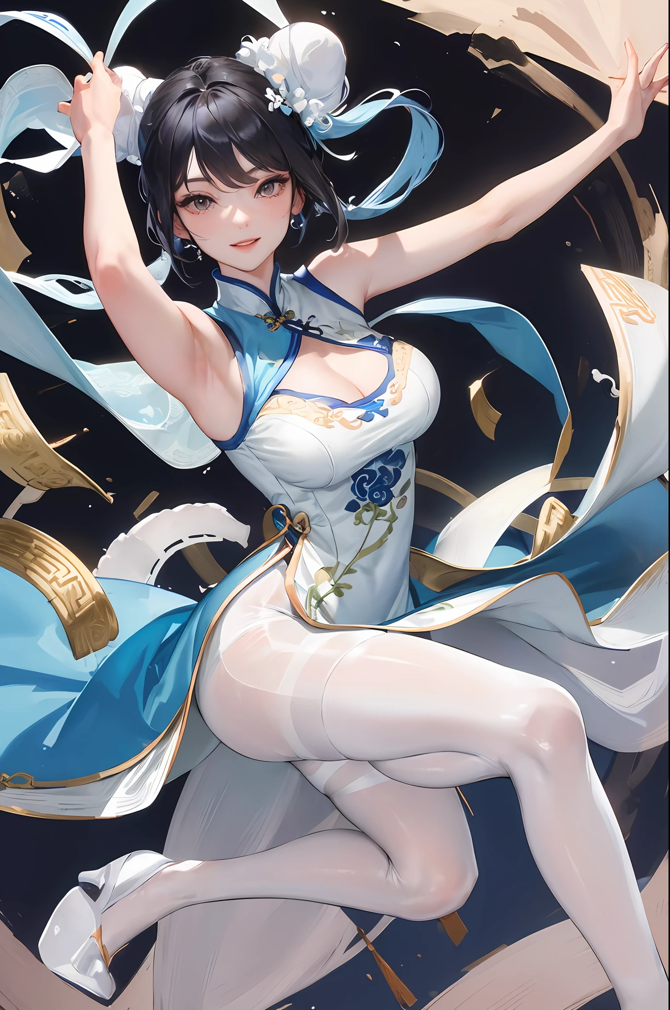 Masterpiece, best, 1 female, blue clothes, blue cheongsam, full body photo, ancient Chinese style, white cloth bun bun, black hair, shoulders, big breasts, slender legs, smile, white pantyhose, pantyhose lace side, white underwear, pale pink lips, embroidered dress