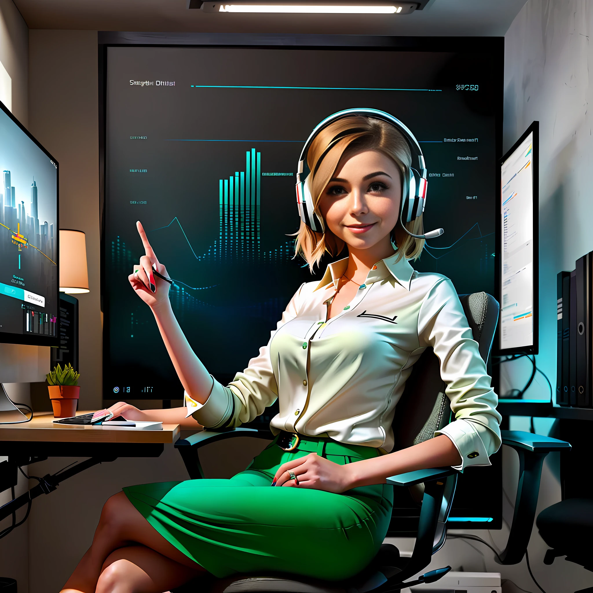 Stilo DreamlikeArt:1),(Redshift style:1.2), (Green modern clothing style, with simple blouse, businesswoman appearing, appearing the whole body, (she typing).

[Chloe Grace Moretz| Kristin Kreuk], sitting in the chair staring at the computer screen with gamer headset, company clothes, office, focus, smile, well dressed.