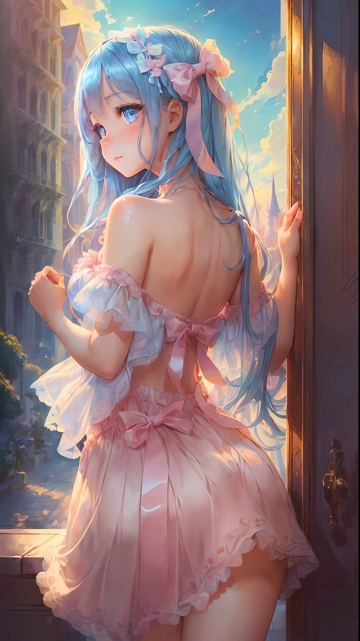 (detailed beautiful eyes and detailed face, masterpiece side light, masterpiece, best quality, detailed, high resolution illustration), (1 girl, beautiful girl, shiny skin, looking down, looking at viewer), ( Sky blue hair, pink eyes, skirt, ribbon, sexy, shy, blush, wearing sexy, unconcerned, bare shoulder, (sideways, A person raises his hands and touches the back of his head with both hands, charming expression) (45-degree downward view) --auto --s2