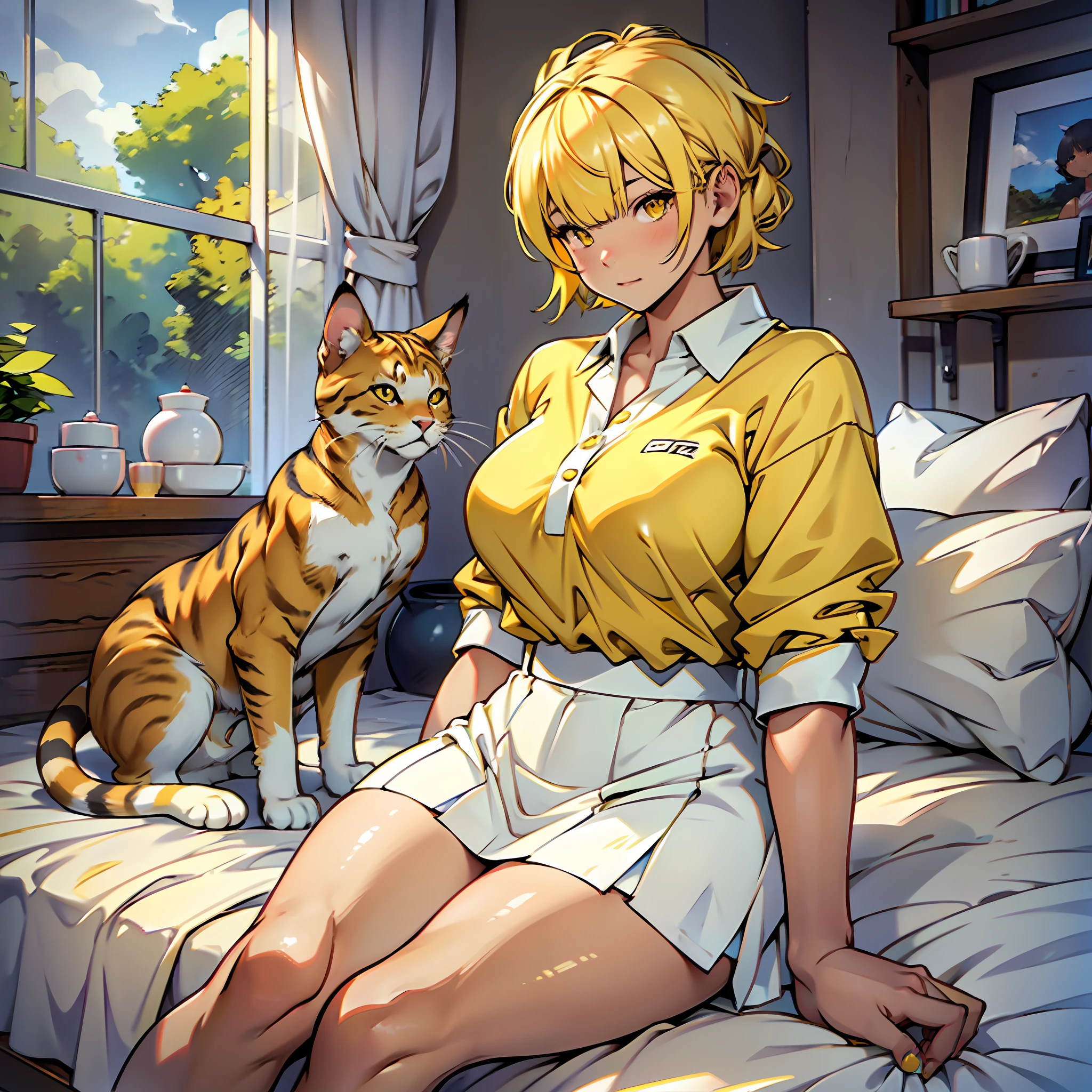 Kawaii teenager, curvy body, girl with thick thighs, small breasts, yellow blouse, white skirt, yellow sneakers, blonde hair up to neck height, short hair, hair clip, bangs, burnt yellow colored eyes, gorgeous face, soft skin, lit room scenery, cats all over the room, petting cats, sitting on the bed.
