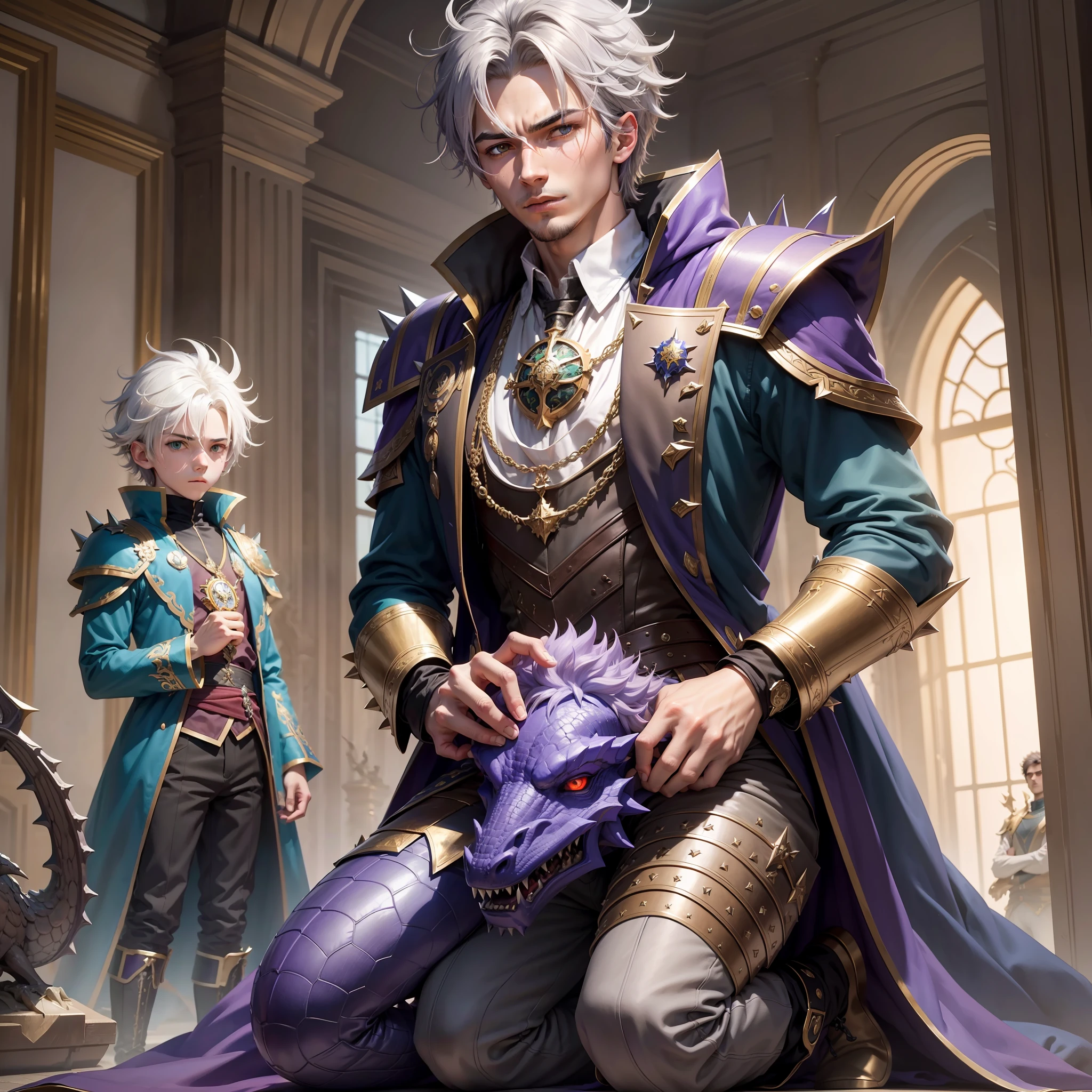 The environment is a beautiful room of a kingdom full of details and sculptures of dragons. In the center are 3 young men kneeling in front of a king and a boy next to them. Young 1= with spiky hair and gray baggy clothing white and red colors, young 2= with dark brown straight hair black pants and green jacket, young 3 = straight hair and dark colored blue jacket, beautiful and imposing king, wizard with purple and lilac clothing holding a box with 3 white masks