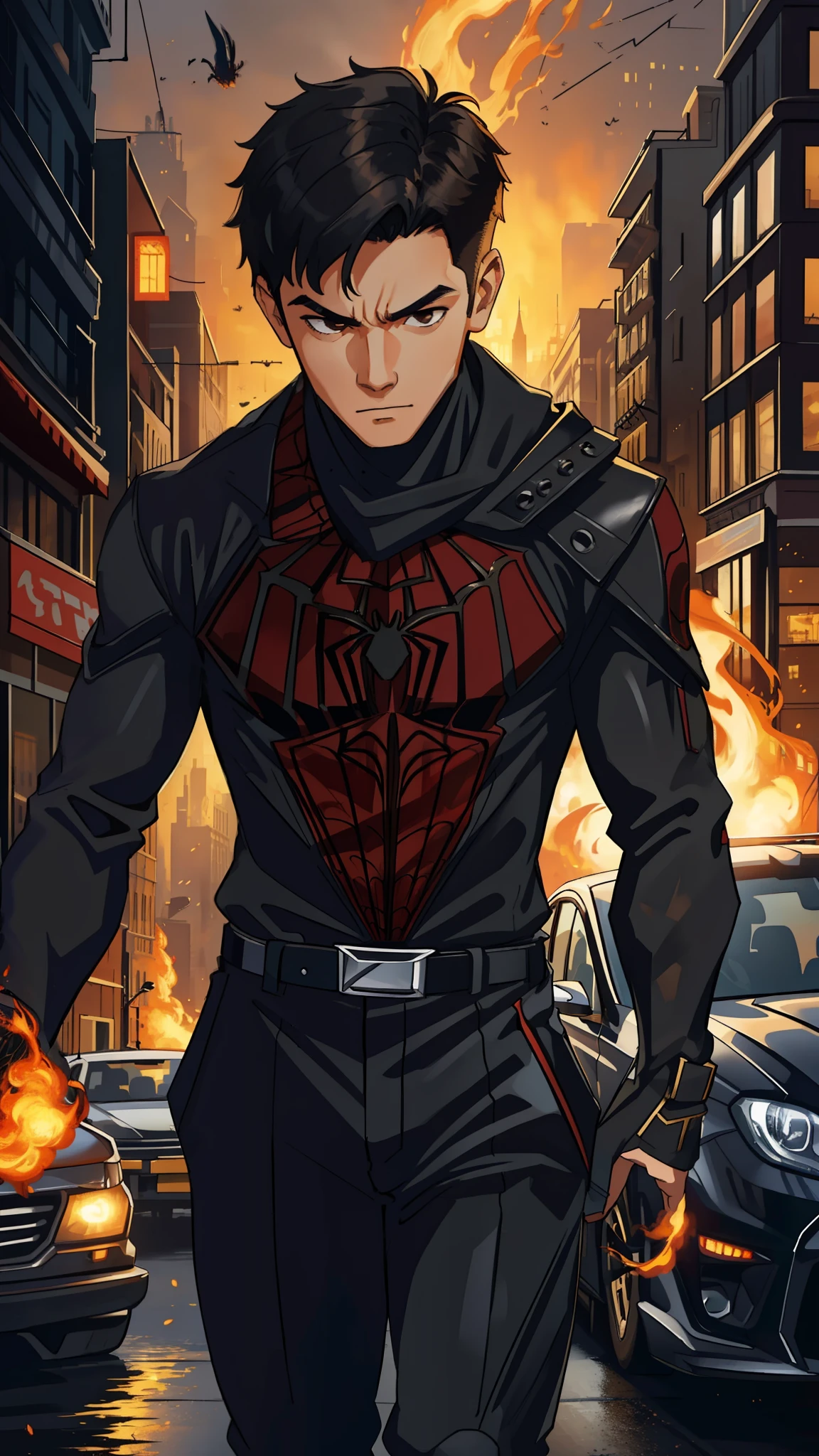 (masterpiece, best quality), intricate details, 8k, artstation, wallpaper, official art, splash art, sharp focus,
1boy, short hair, brown eyes, black hair, 
 spider suit, spider web printing, spider web,  
skyscrapers, city, buildings on fire, cars, street,