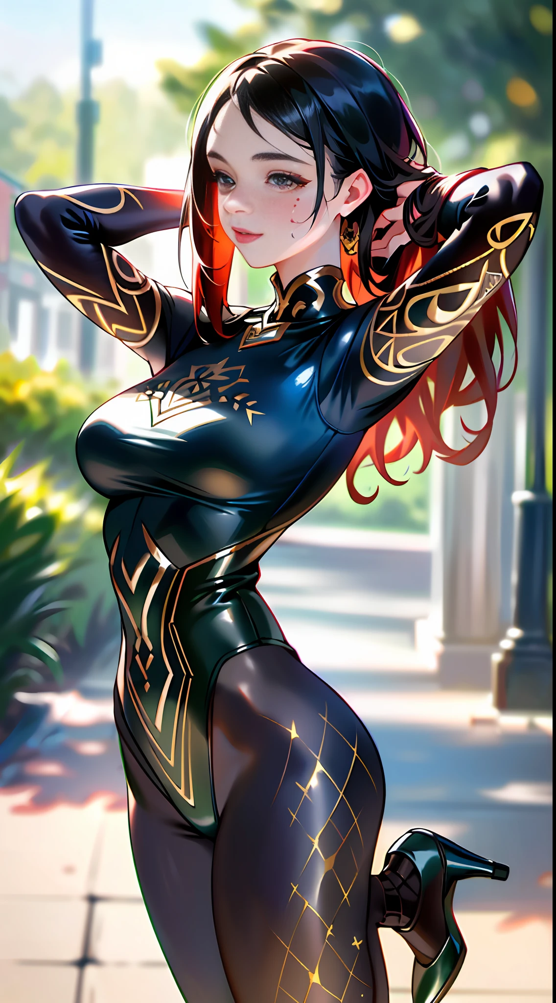 (realistic:1.3), (finely detailed), quality, (masterpiece:1.2), (photorealistic:1.2), (best quality), (detailed skin:1.3), (intricate details), ray tracing, 1girl, 21 years old, Irish cute girl, (hands behind head:1.3), full-length portrait, hold-up tights, red high-heels, (body paint:1.1)