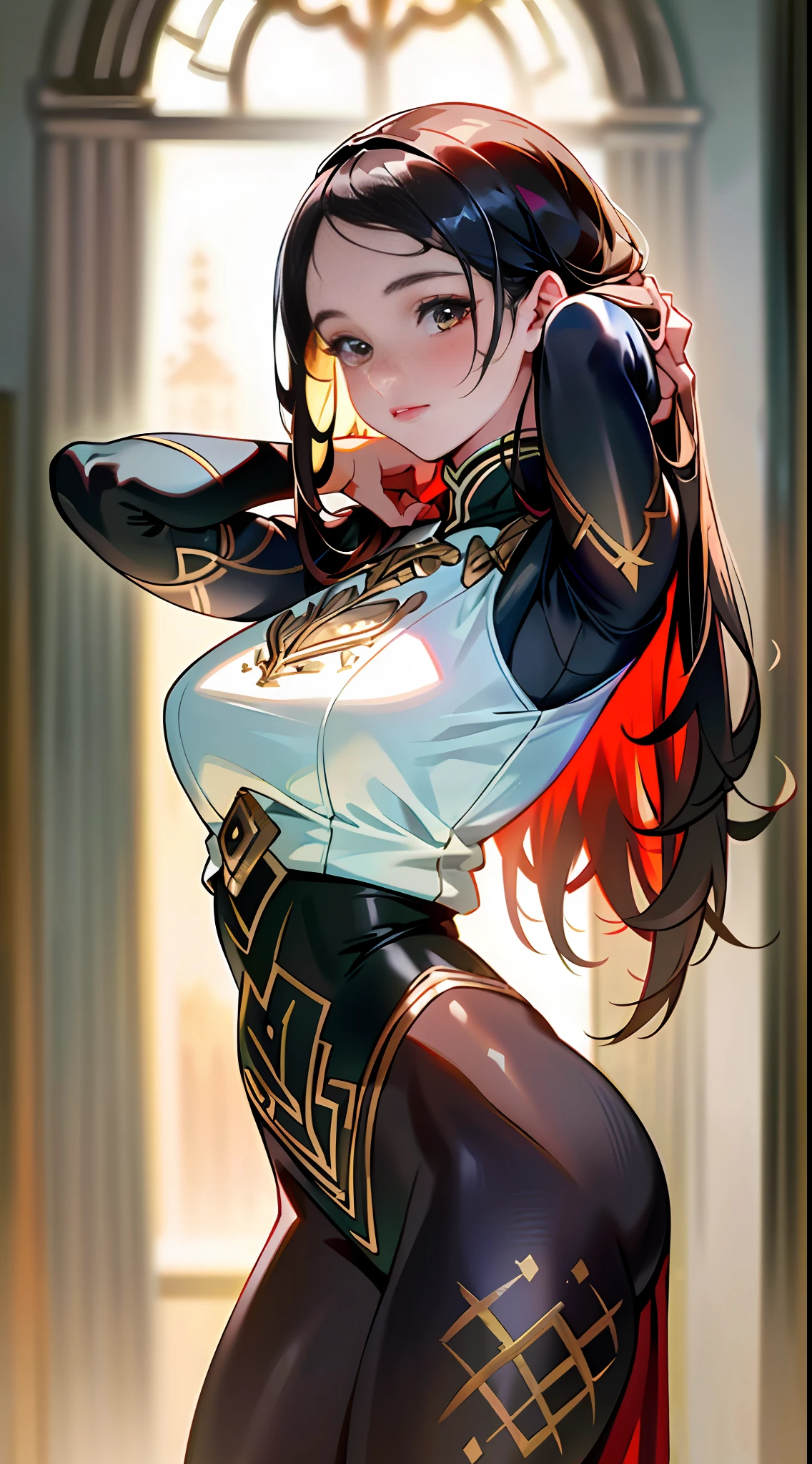 (realistic:1.3), (finely detailed), quality, (masterpiece:1.2), (photorealistic:1.2), (best quality), (detailed skin:1.3), (intricate details), ray tracing, 1girl, 21 years old, Irish cute girl, (hands behind head:1.3), full-length portrait, hold-up tights, red high-heels, (body paint:1.1)