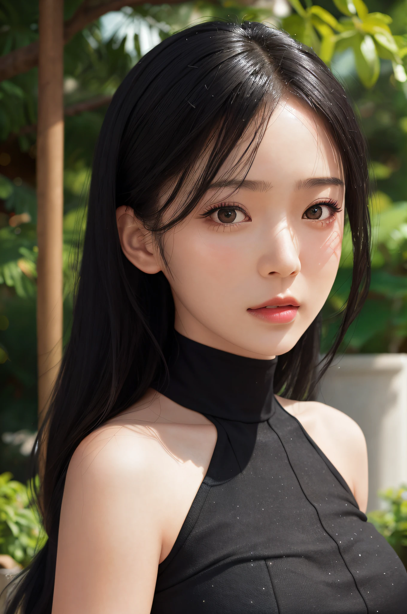 black girl, (sweat:0.7),woman,japanese,exquisite face, beautiful face,bare shoulders,shoulders exposed,translucent skin,black eyes,black hair,(photorealistic:1.4),realistic details, high resolution,bokeh,outstanding details