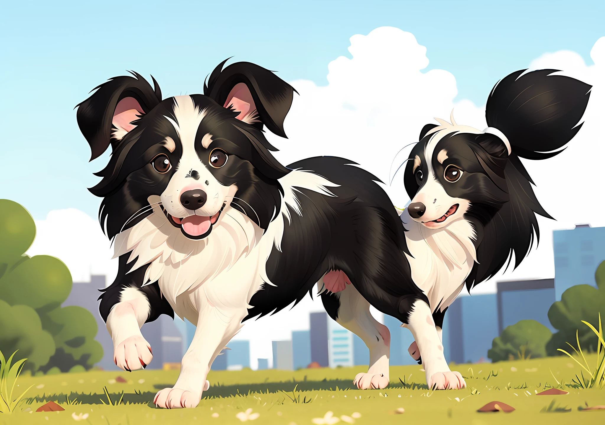 White and black border collie dog, comic book style, white background, no background, walking in side position