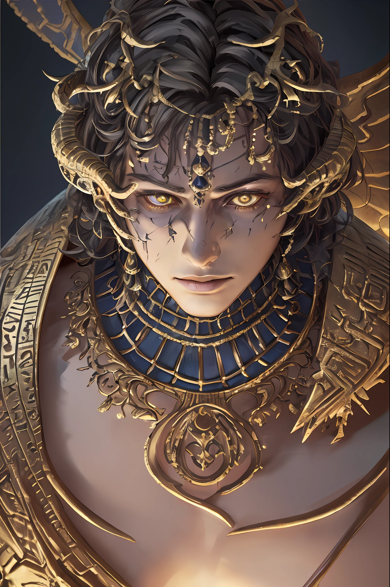 1demon boy, (((ultra realistic details)), portrait, global lighting, shadows, octane render, 8k, ultra sharp, hell, intricate, detailed ornaments, cool colors, egyptian detail, highly intricate details, realistic light, trend in cgsociety, bright eyes, front camera, neon details, damaged wings