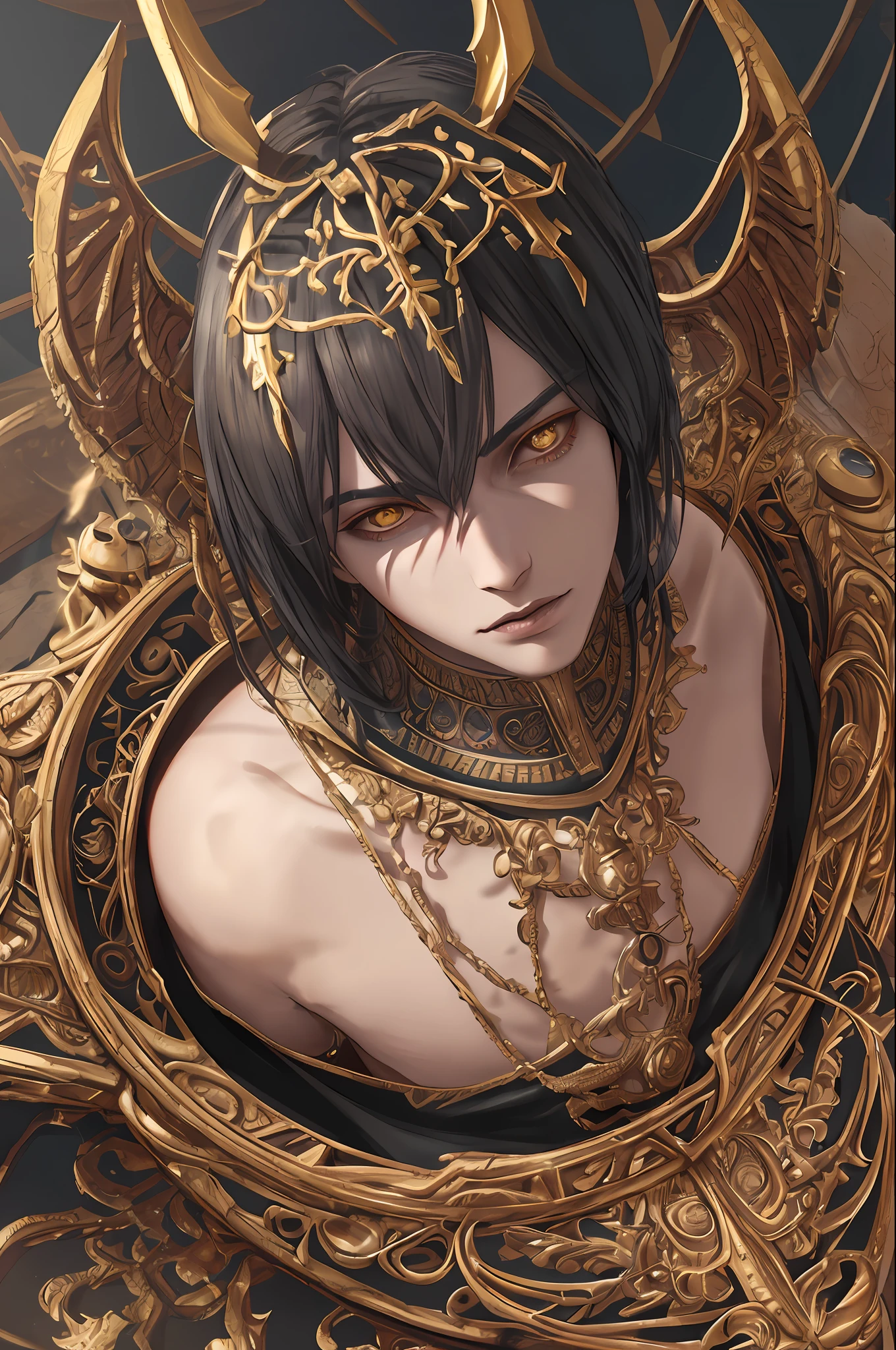 1demon boy, (((ultra realistic details)), portrait, global lighting, shadows, octane render, 8k, ultra sharp, hell, intricate, detailed ornaments, cool colors, egyptian detail, highly intricate details, realistic light, trend in cgsociety, bright eyes, front camera, neon details, damaged wings