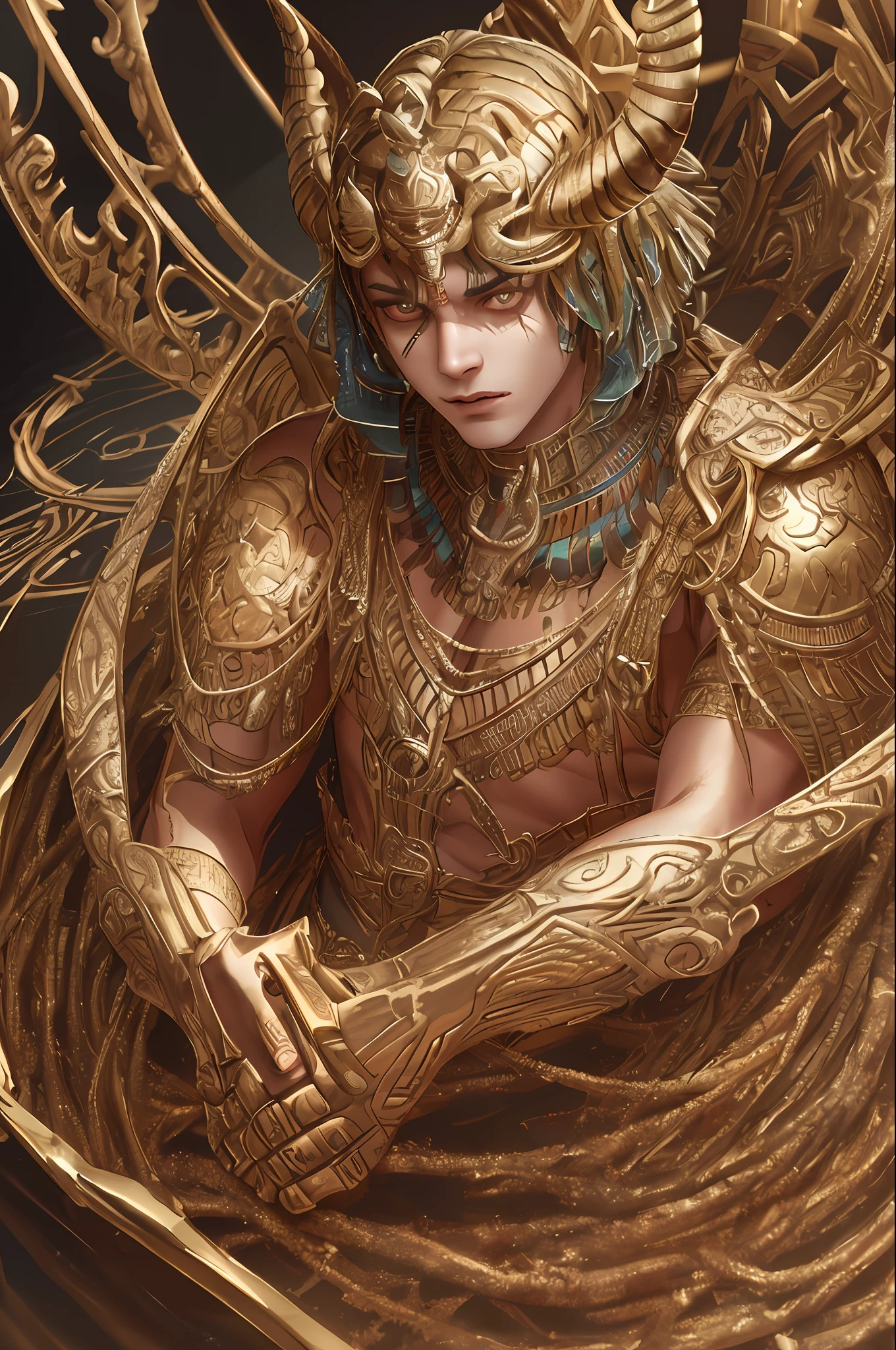 1demon boy, (((ultra realistic details)), portrait, global lighting, shadows, octane render, 8k, ultra sharp, hell, intricate, detailed ornaments, cool colors, egyptian detail, highly intricate details, realistic light, trend in cgsociety, bright eyes, front camera, neon details, damaged wings