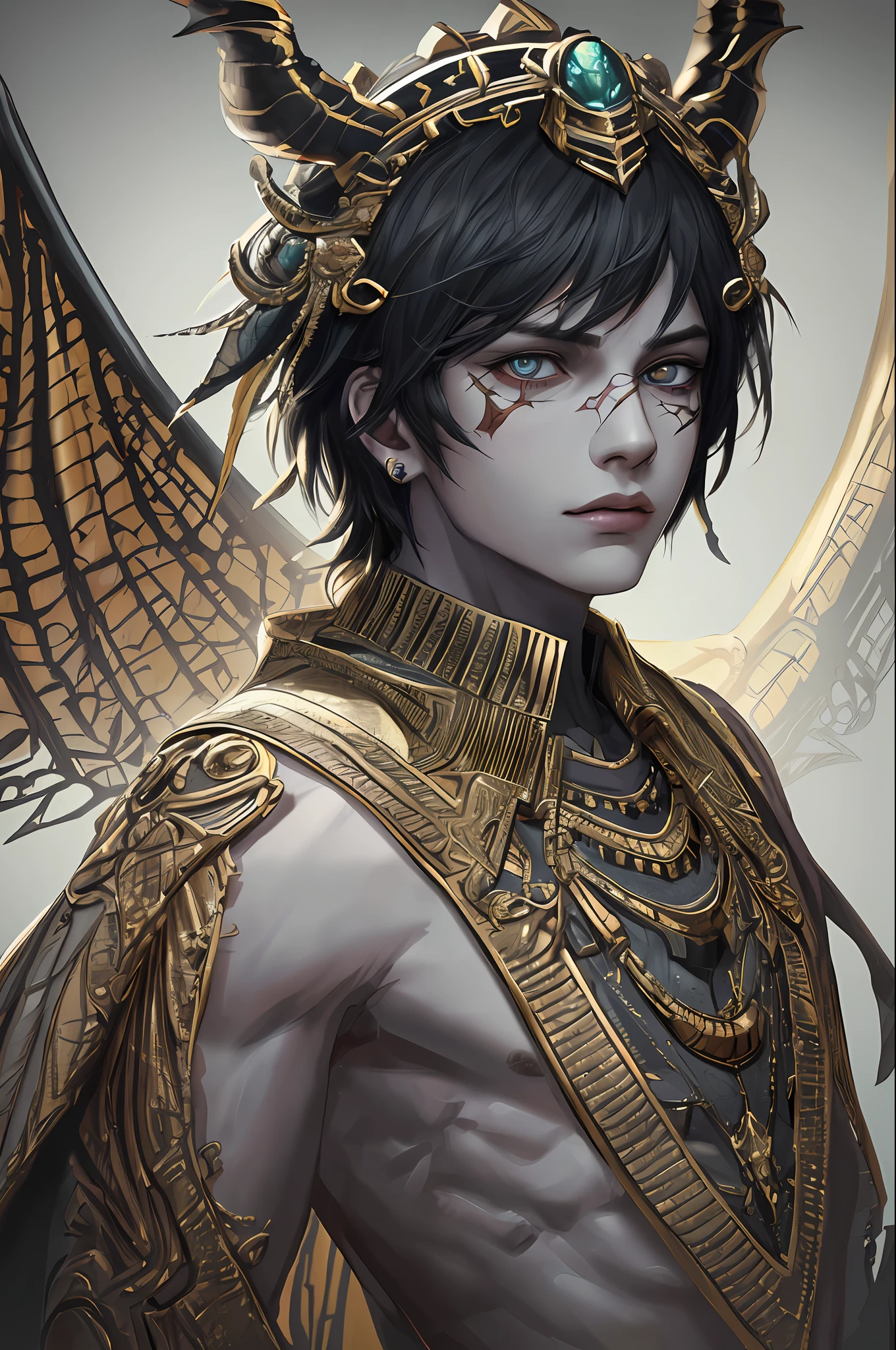 1demon boy, (((ultra realistic details)), portrait, global lighting, shadows, octane render, 8k, ultra sharp, hell, intricate, detailed ornaments, cool colors, egyptian detail, highly intricate details, realistic light, trend in cgsociety, bright eyes, front camera, neon details, damaged wings