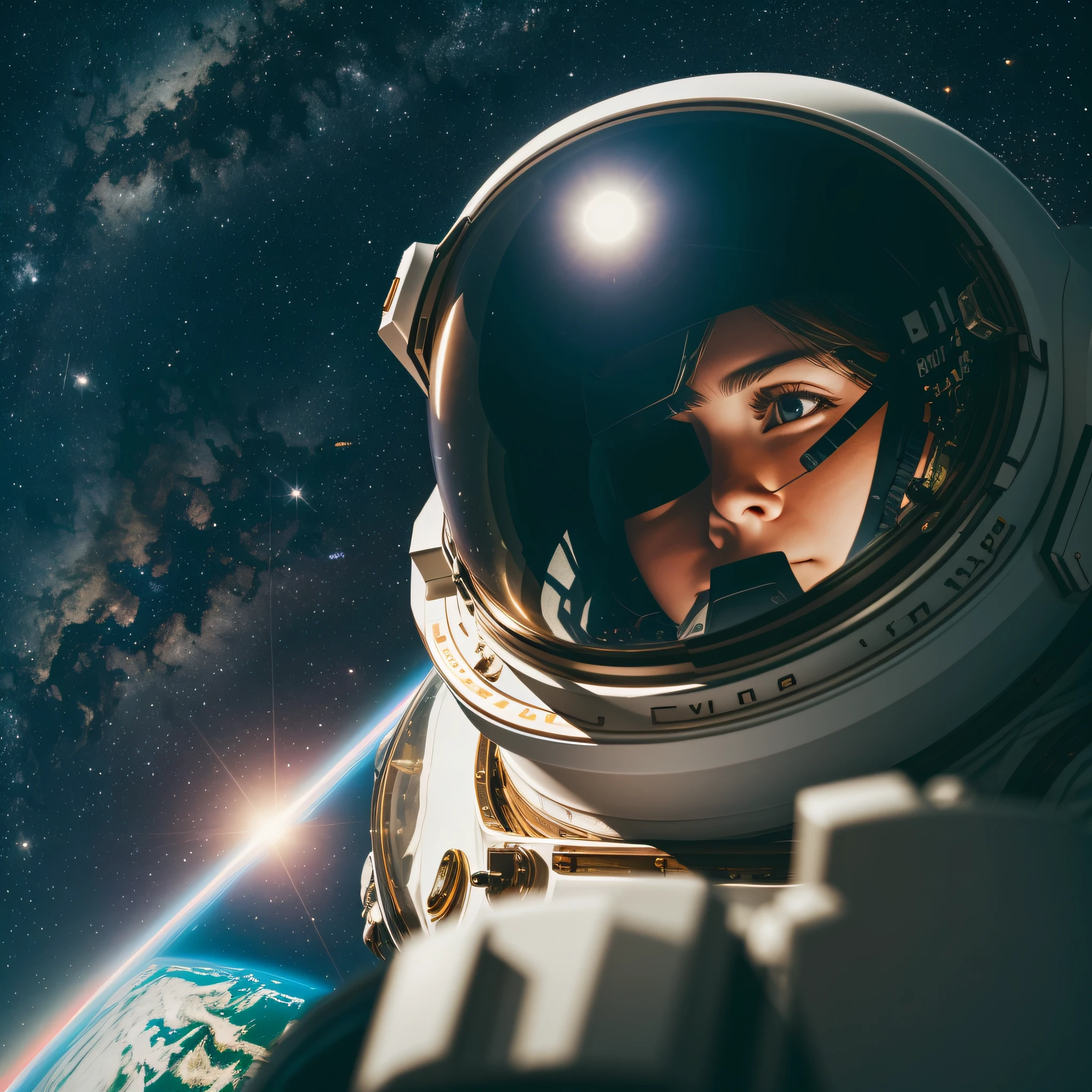 astronaut, positive finger raised, outside the space station, towards the camera, reflection of the Earth on the helmet glass, detailed, realistic, depth of field, 35mm. --auto --s2