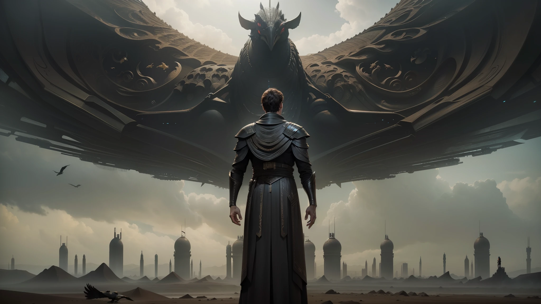 arafed image of a man in a long black dress standing in front of a huge bird, ilm of an epic sci-fi, still from movie dune, paul atreides as emperor of dune, scene from dune 2 0 2 1 movie, epic scifi movie still, paul atreides, an epic scifi movie still --auto --s2