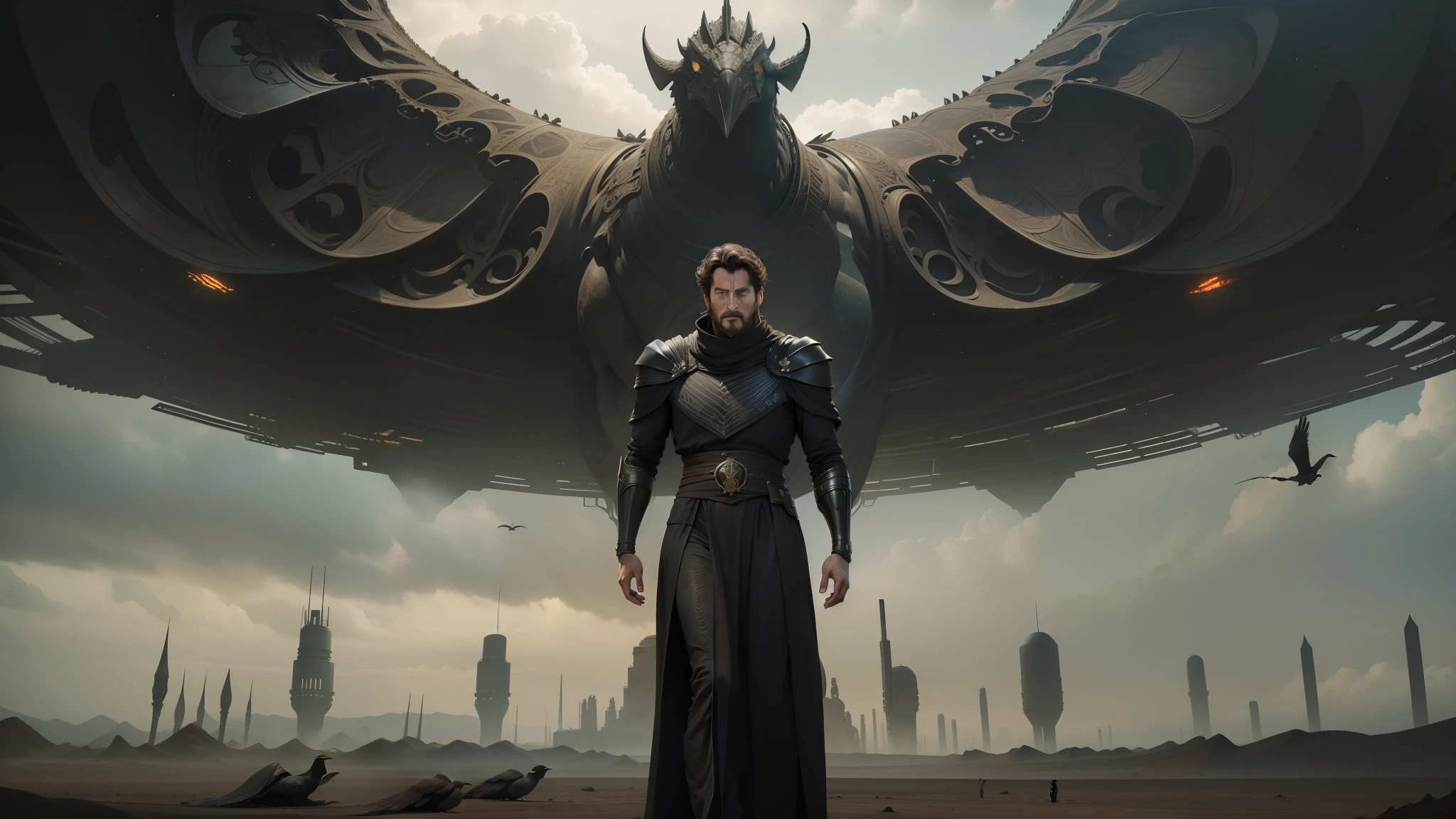 arafed image of a man in a long black dress standing in front of a huge bird, ilm of an epic sci-fi, still from movie dune, paul atreides as emperor of dune, scene from dune 2 0 2 1 movie, epic scifi movie still, paul atreides, an epic scifi movie still --auto --s2