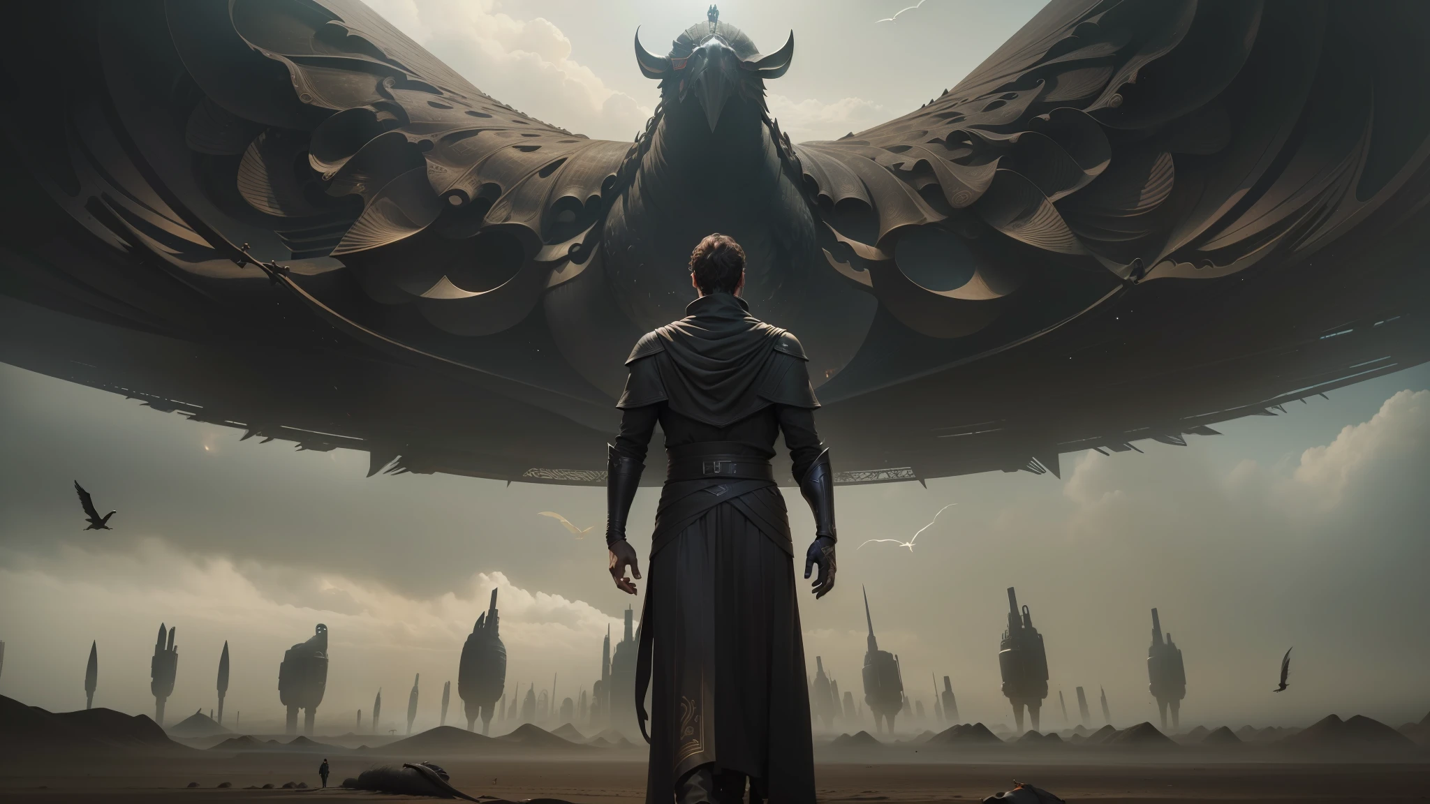 arafed image of a man in a long black dress standing in front of a huge bird, ilm of an epic sci-fi, still from movie dune, paul atreides as emperor of dune, scene from dune 2 0 2 1 movie, epic scifi movie still, paul atreides, an epic scifi movie still --auto --s2