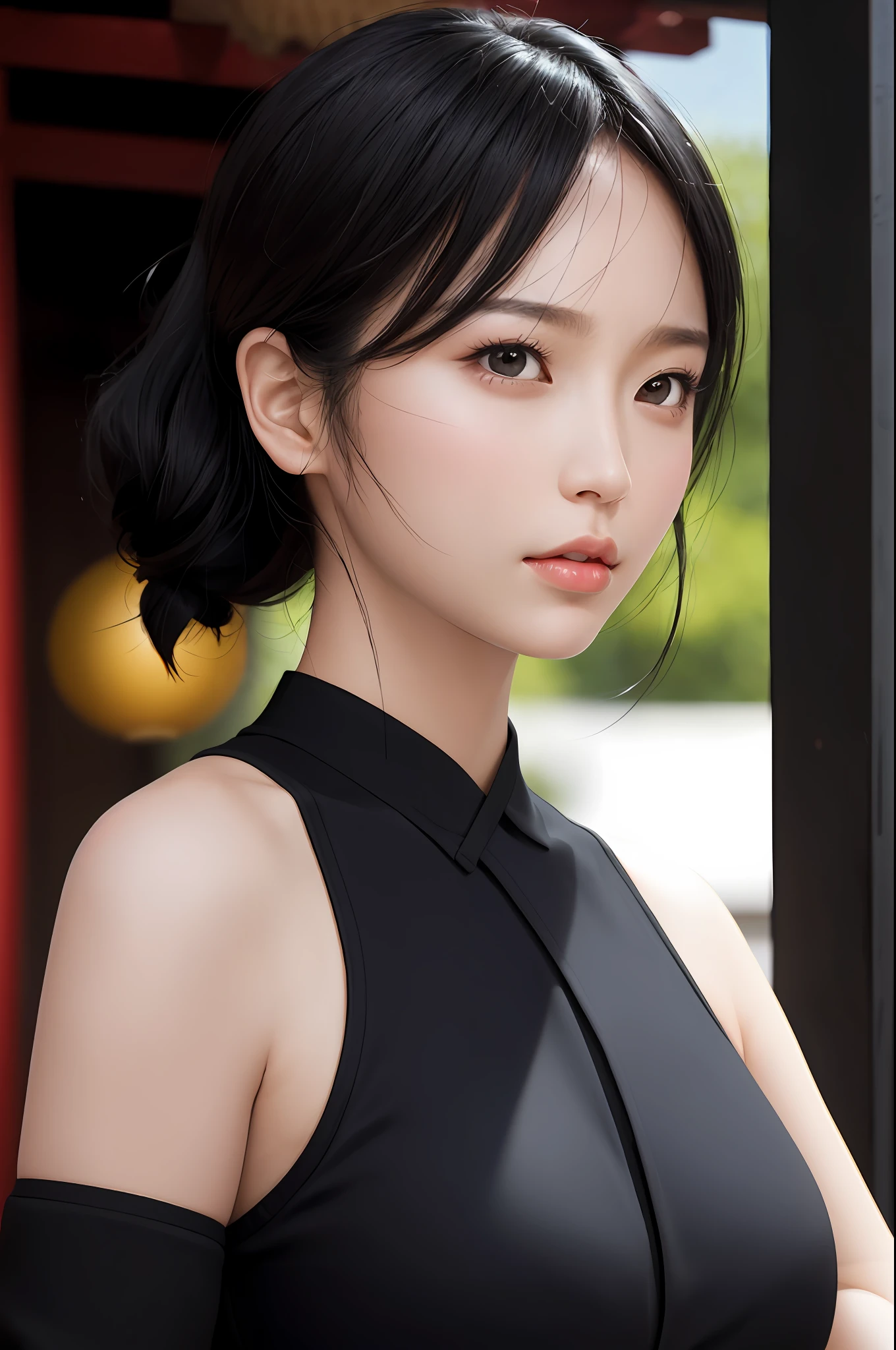 black girl, (sweat:0.7),woman,japanese,exquisite face, beautiful face,bare shoulders,shoulders exposed,translucent skin,black eyes,black hair,(photorealistic:1.4),realistic details, high resolution,bokeh,outstanding details