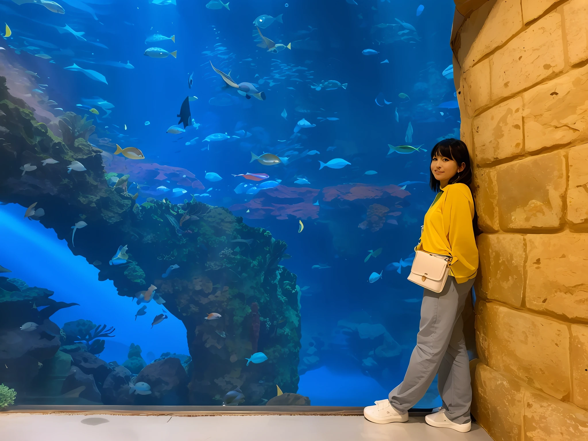 araffe standing in front of a large aquarium with fish, standing under the sea, fish in the background, big aquarium, 🦩🪐🐞👩🏻🦳, okinawa churaumi aquarium, see fishes swimming, photo taken in 2 0 2 0, aquarium, a huge glass tank, vacation photo, giant aquarium in natural cave