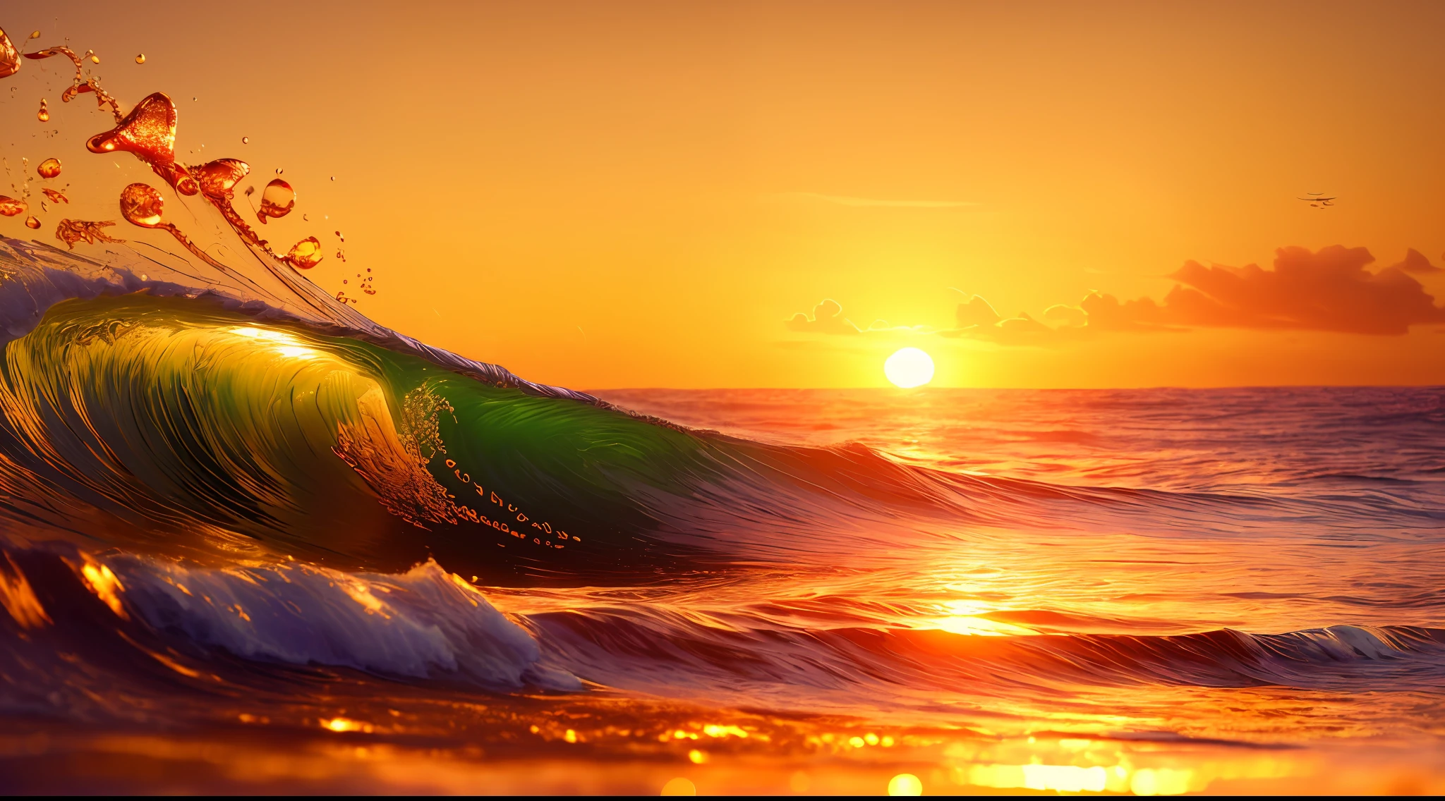 Masterpiece, best quality, (8k very detailed CG unit wallpaper) (best quality), (best illustration), (best shadows) a golden sea wave, bright orange aol sunset through the wave, golden droplets flying, (:1.6)